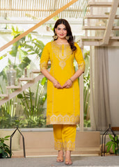 Viscose Mustrad Embroidered Kurta Pant and Dupatta Set with Zari Work And Sequin