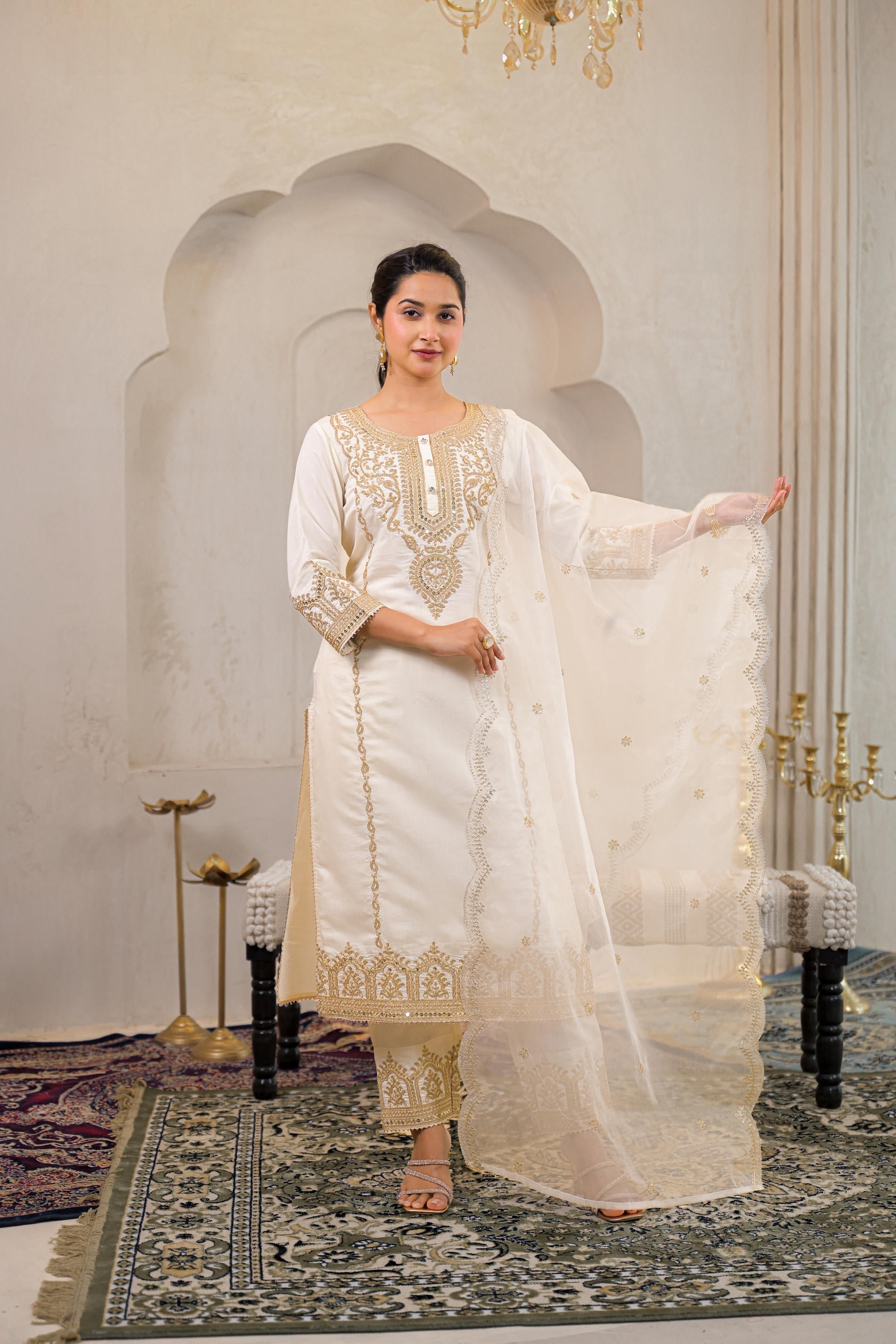 Viscose Off White Embroidered Kurta Pant and Dupatta Set with Zari Wor