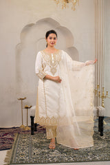 Viscose Off White Embroidered Kurta Pant and Dupatta Set with Zari Work And Sequin
