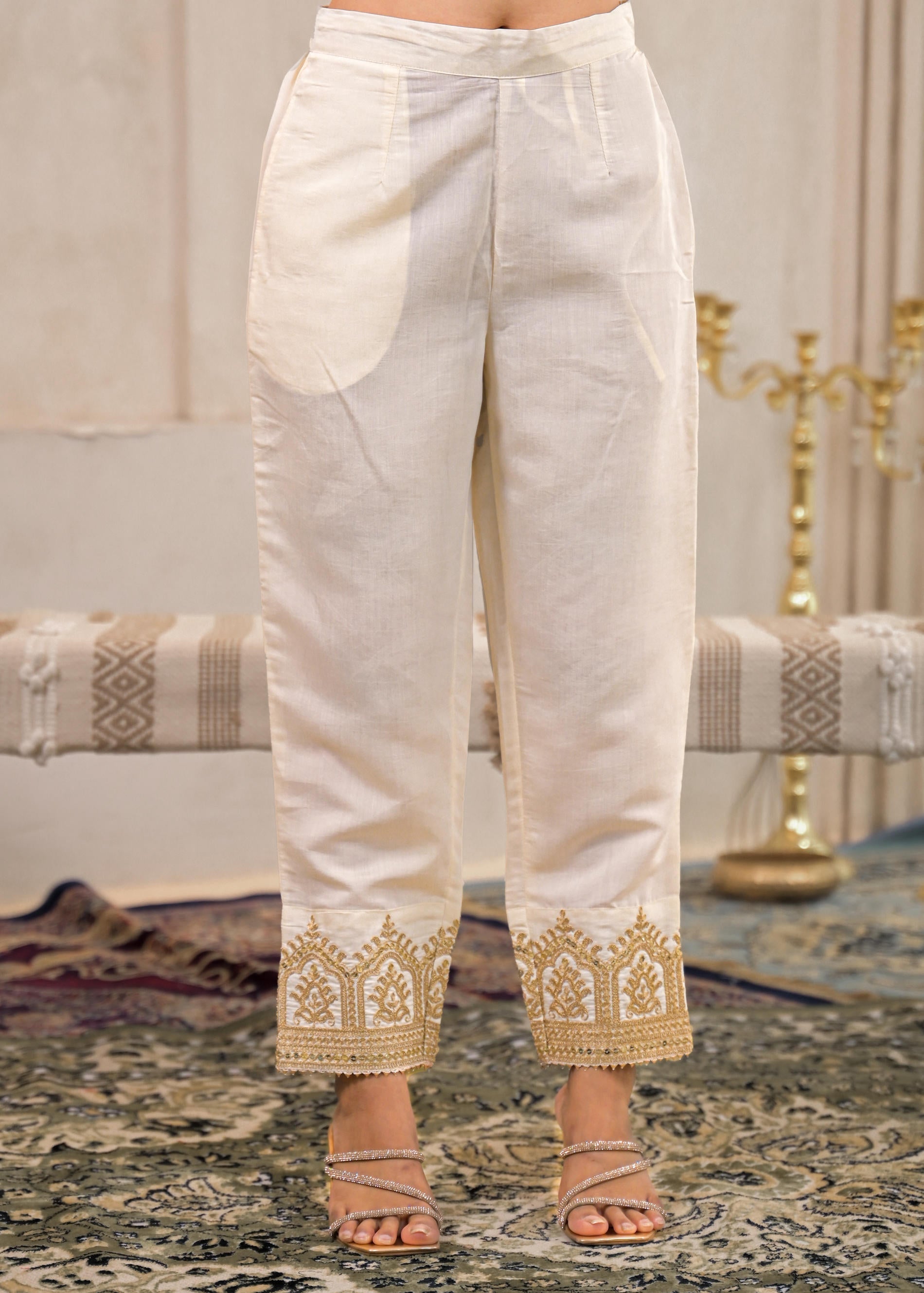 Viscose Off White Embroidered Kurta Pant and Dupatta Set with Zari Wor