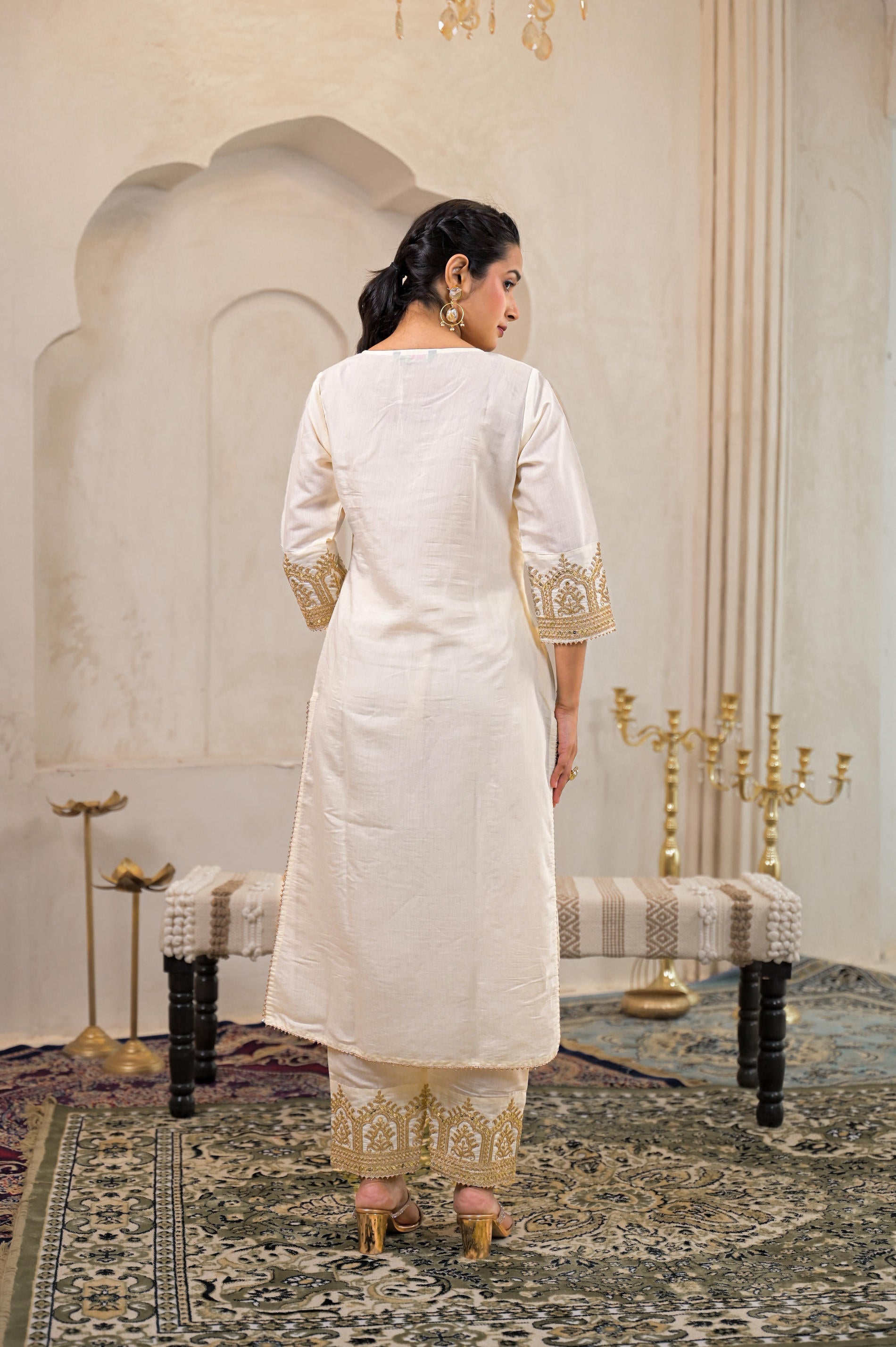 Viscose Off White Embroidered Kurta Pant and Dupatta Set with Zari Wor