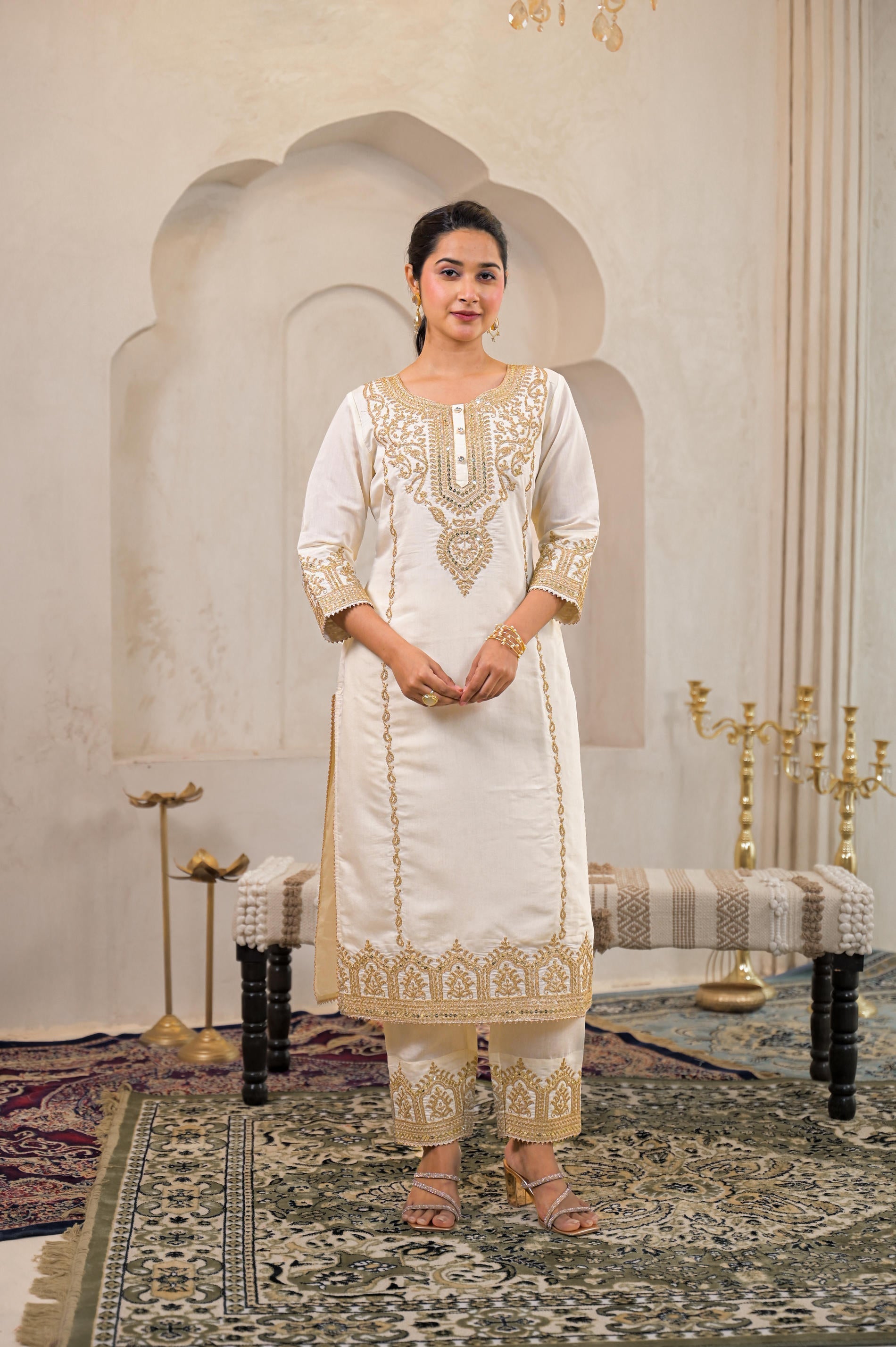Viscose Off White Embroidered Kurta Pant and Dupatta Set with Zari Wor