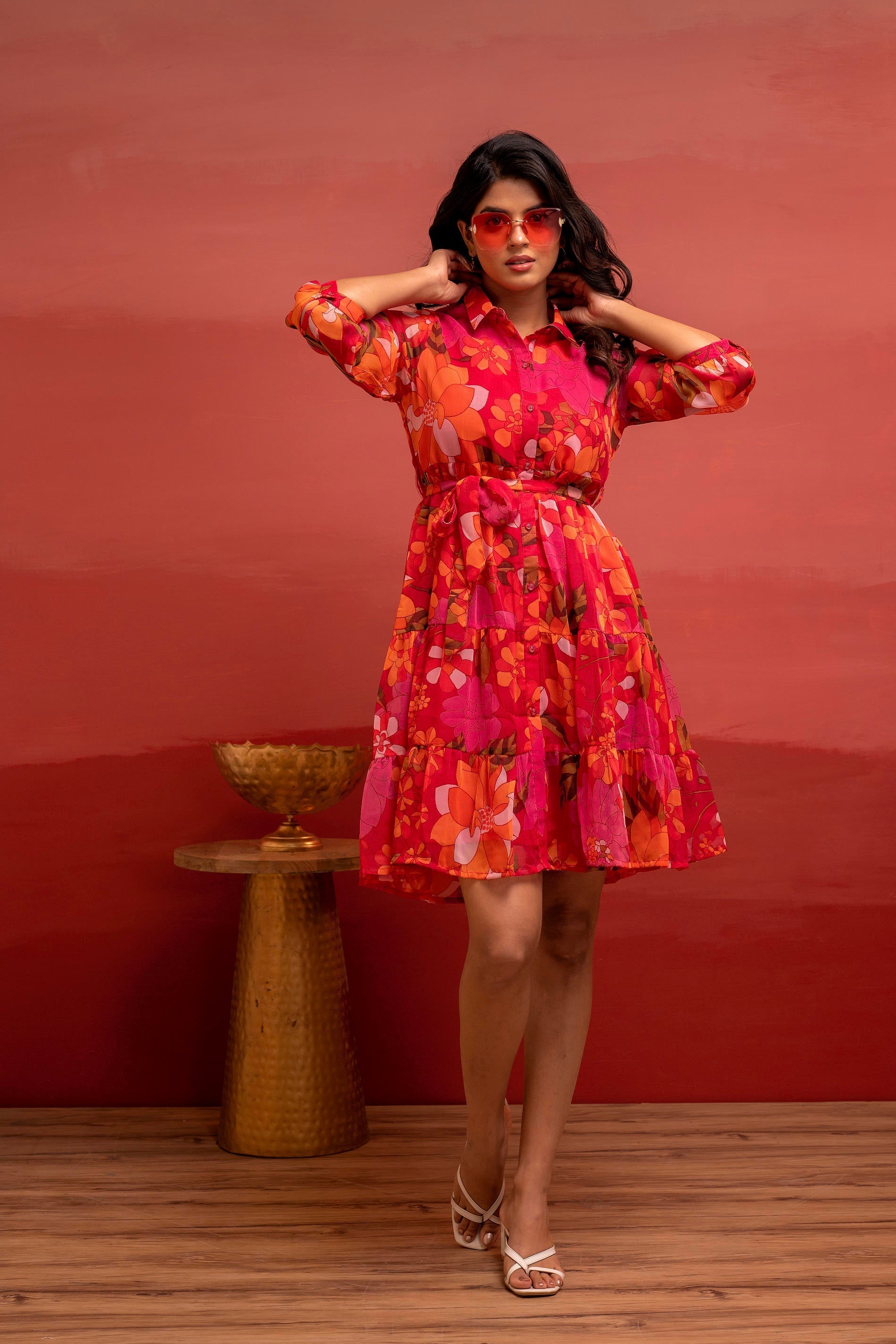 Man Made Fiber Fuchsia Floral Printed Short Dress with Belt | DesiQlo