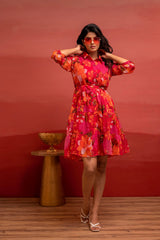 Man Made Fiber Fuchsia Floral Printed Short Dress with Belt