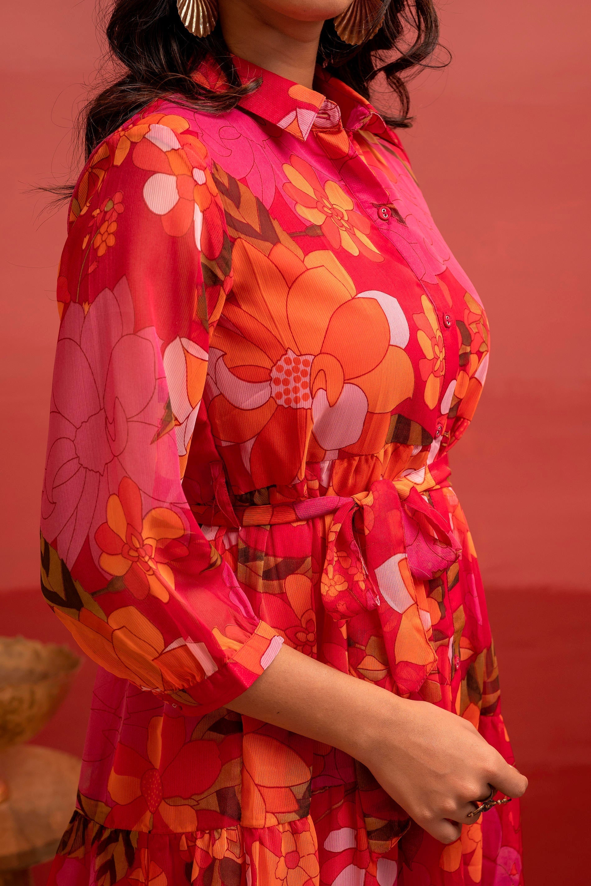 Man Made Fiber Fuchsia Floral Printed Short Dress with Belt | DesiQlo