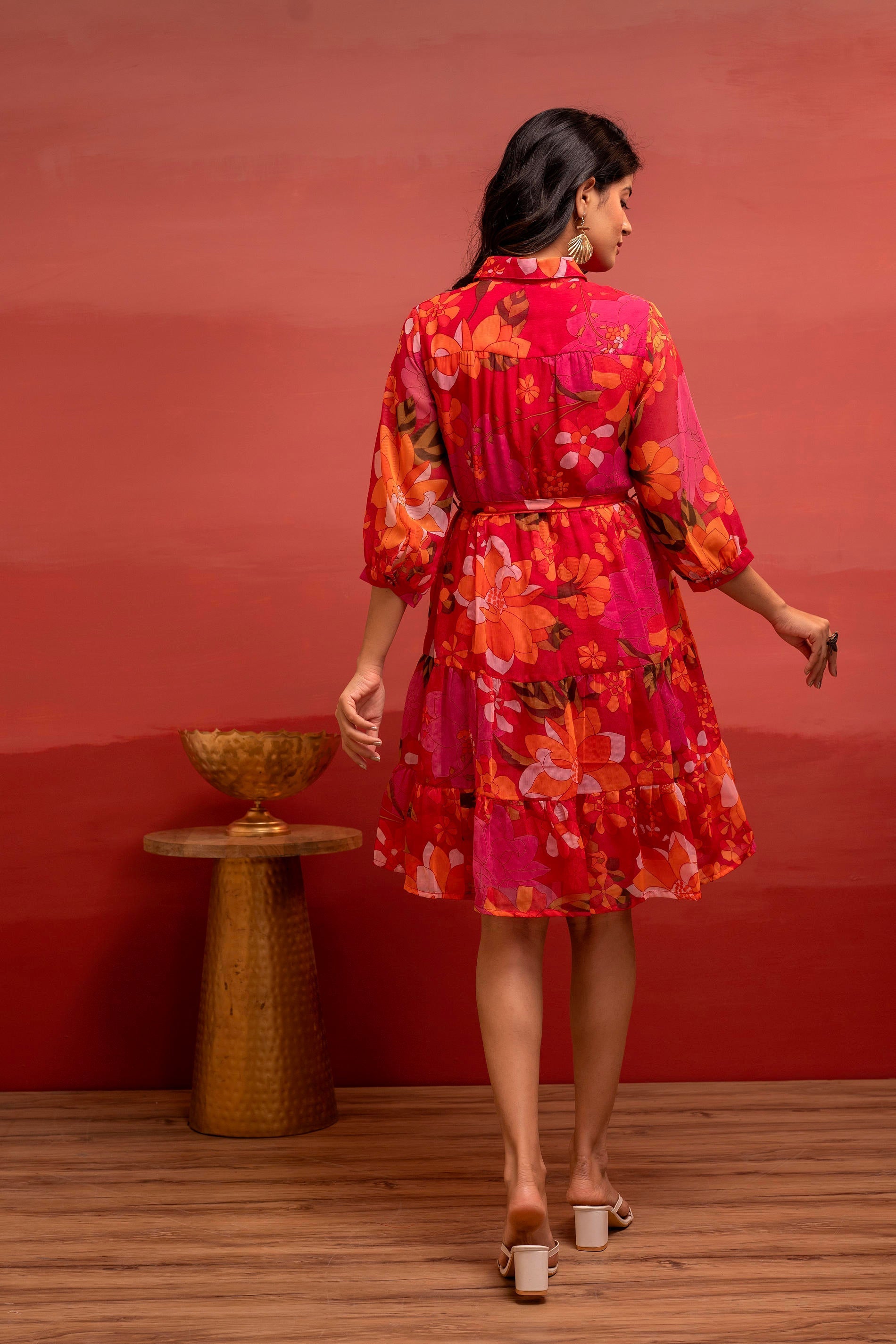 Man Made Fiber Fuchsia Floral Printed Short Dress with Belt | DesiQlo