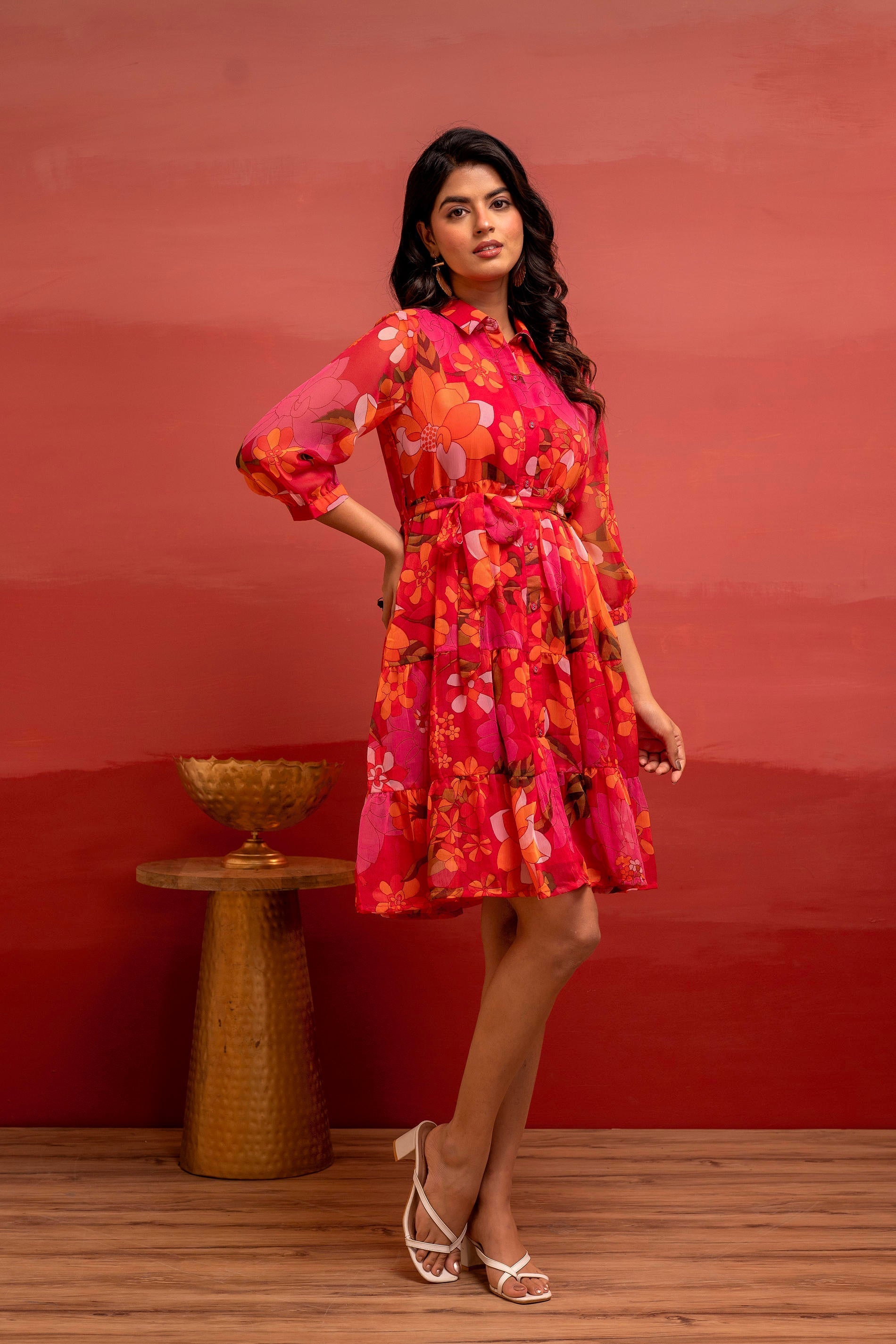 Man Made Fiber Fuchsia Floral Printed Short Dress with Belt | DesiQlo