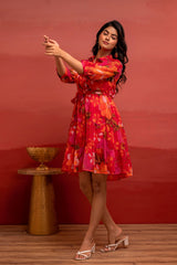 Man Made Fiber Fuchsia Floral Printed Short Dress with Belt