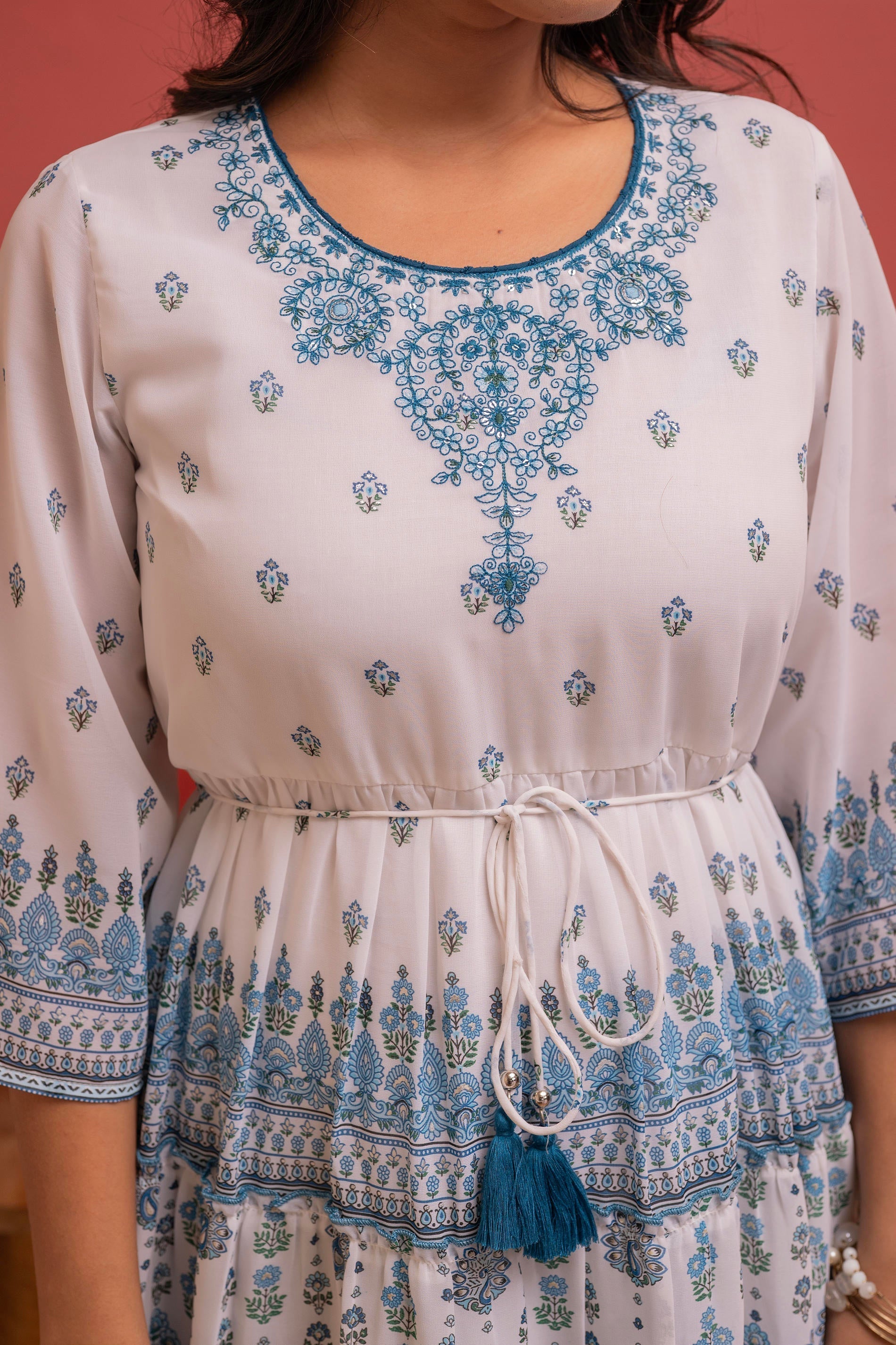 White Floral Printed Man-Made Fiber Short Dress with Thread Work, Sequ