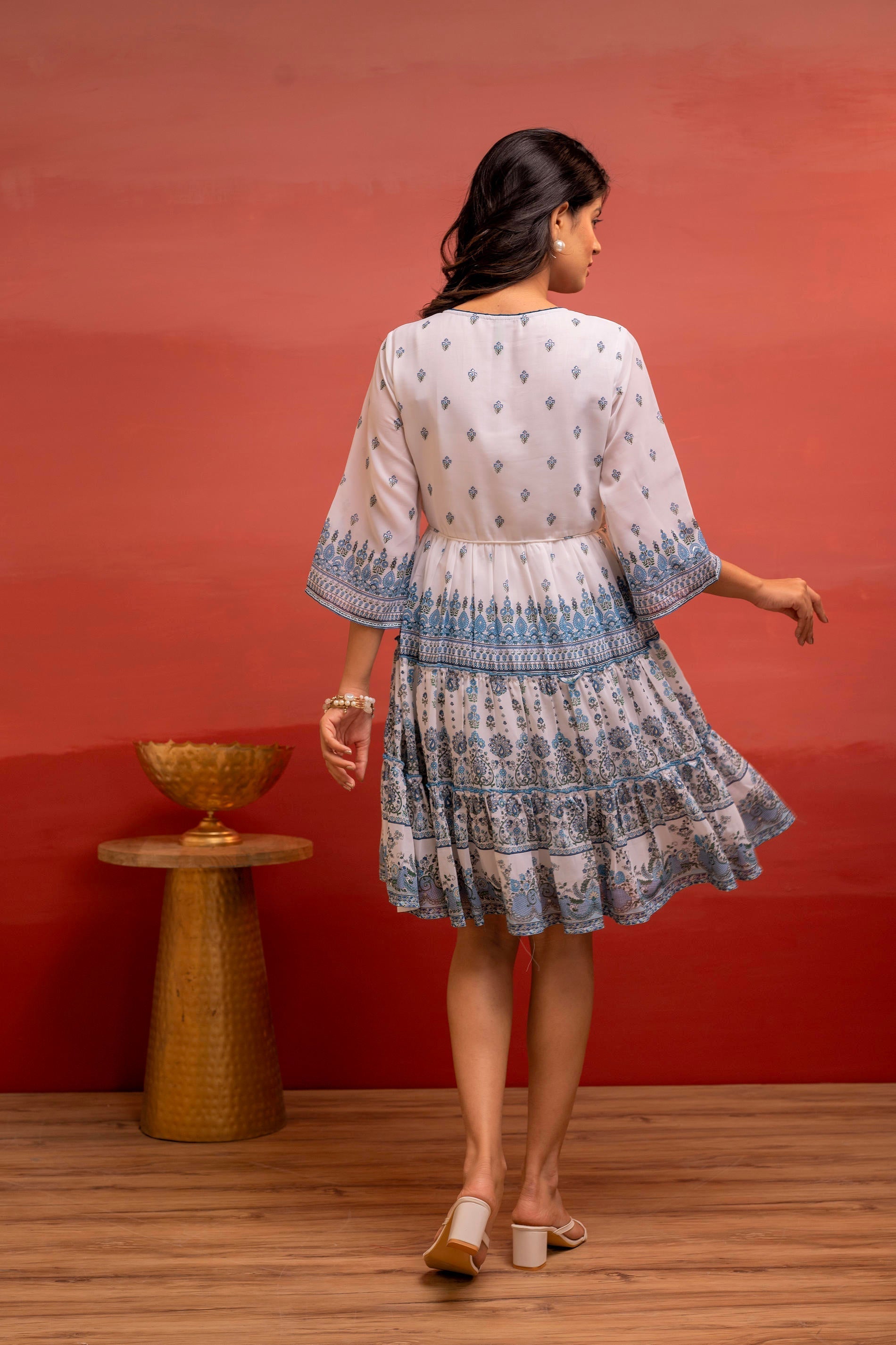 White Floral Printed Man-Made Fiber Short Dress with Thread Work, Sequ