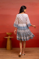 White Floral Printed Man-Made Fiber Short Dress with Thread Work, Sequence, and Slip-On Style