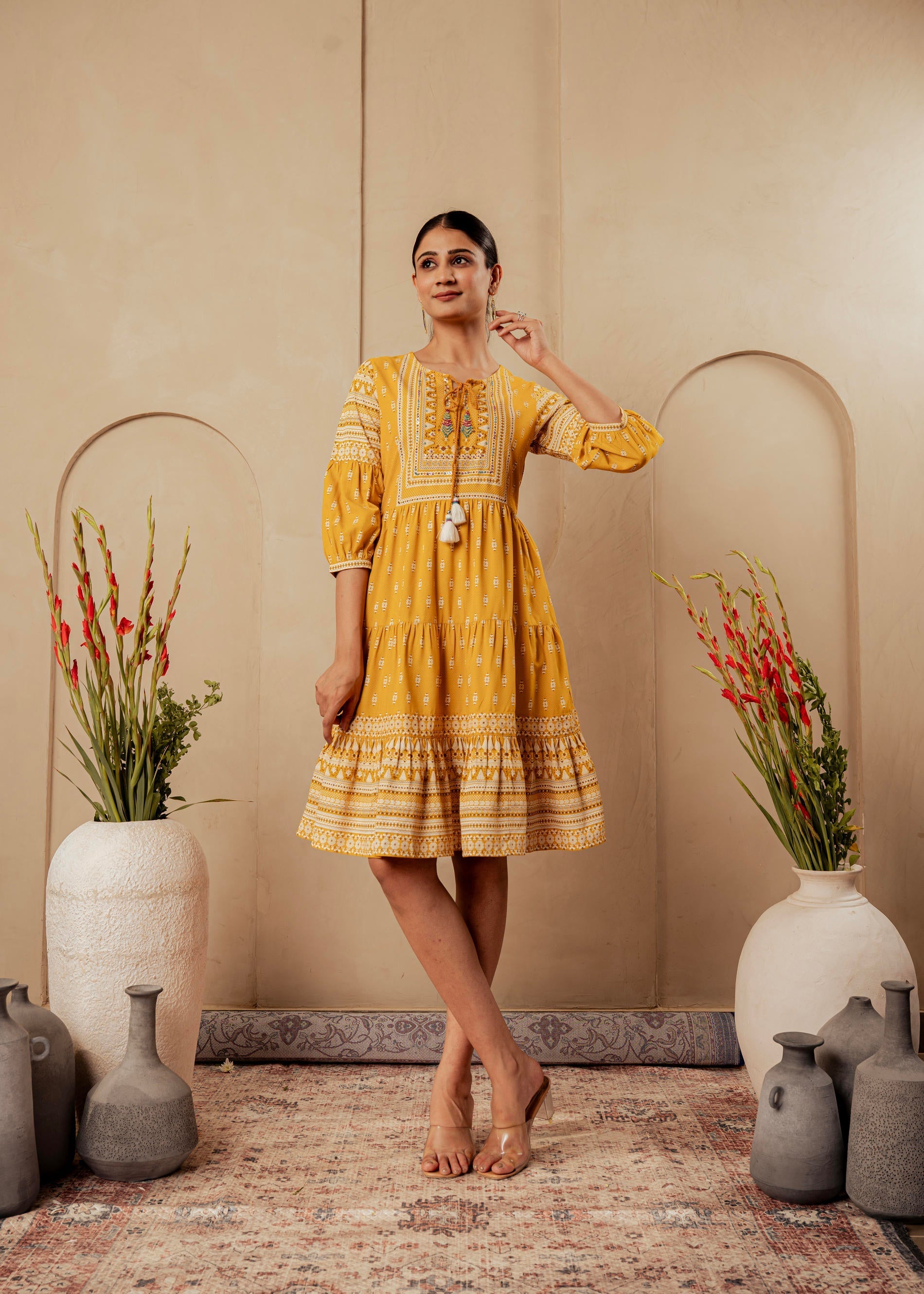 Mustard Ethnic Motifs Viscose Tiered Short Dress with Beads, Sequence,