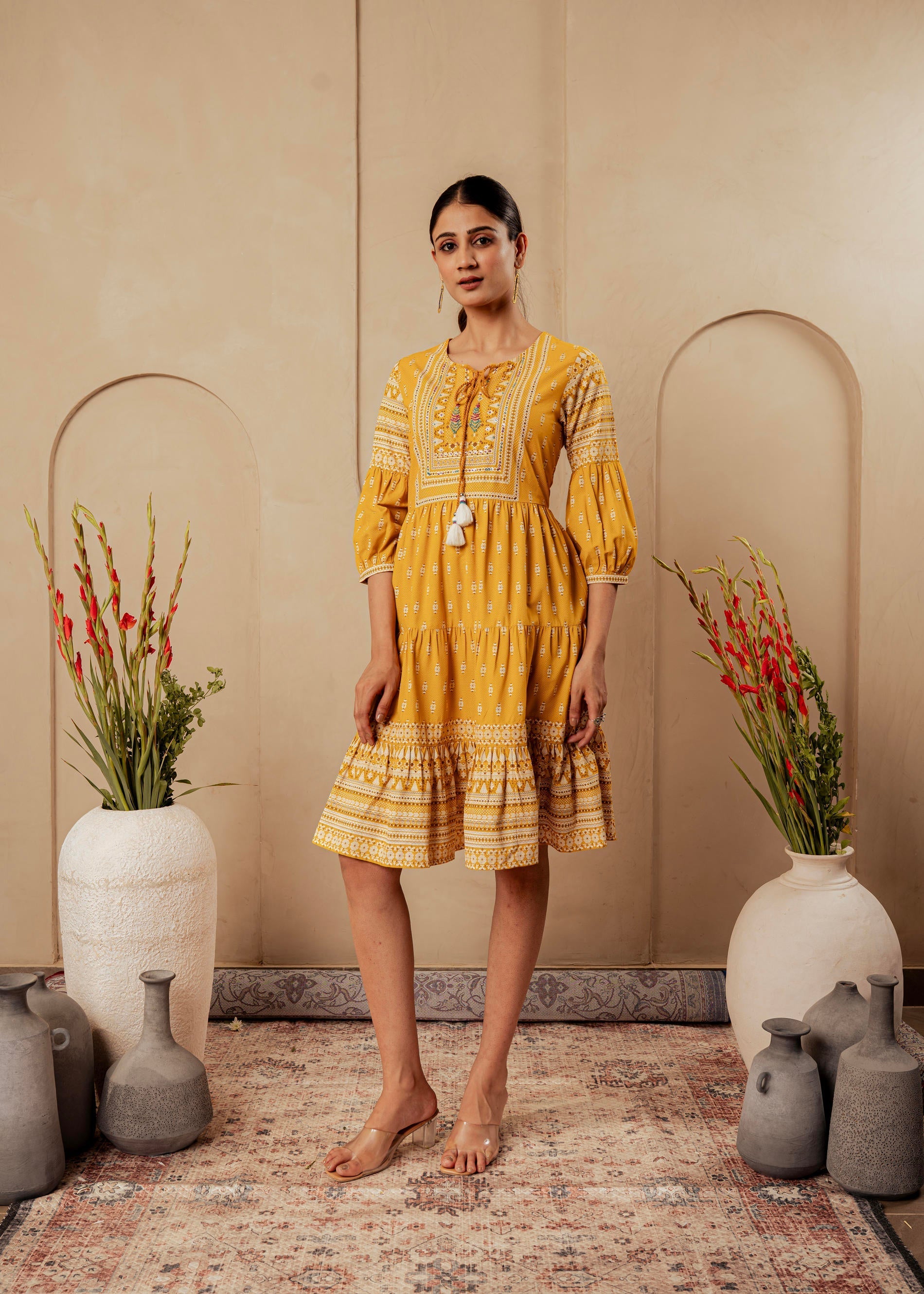 Mustard Ethnic Motifs Viscose Tiered Short Dress with Beads, Sequence,