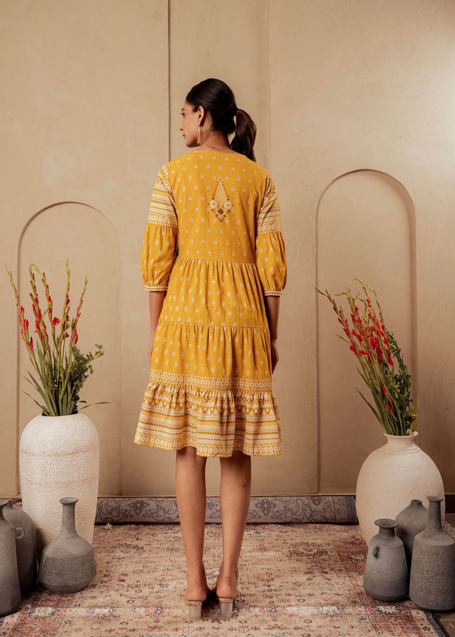 Mustard Ethnic Motifs Viscose Tiered Short Dress with Beads, Sequence,