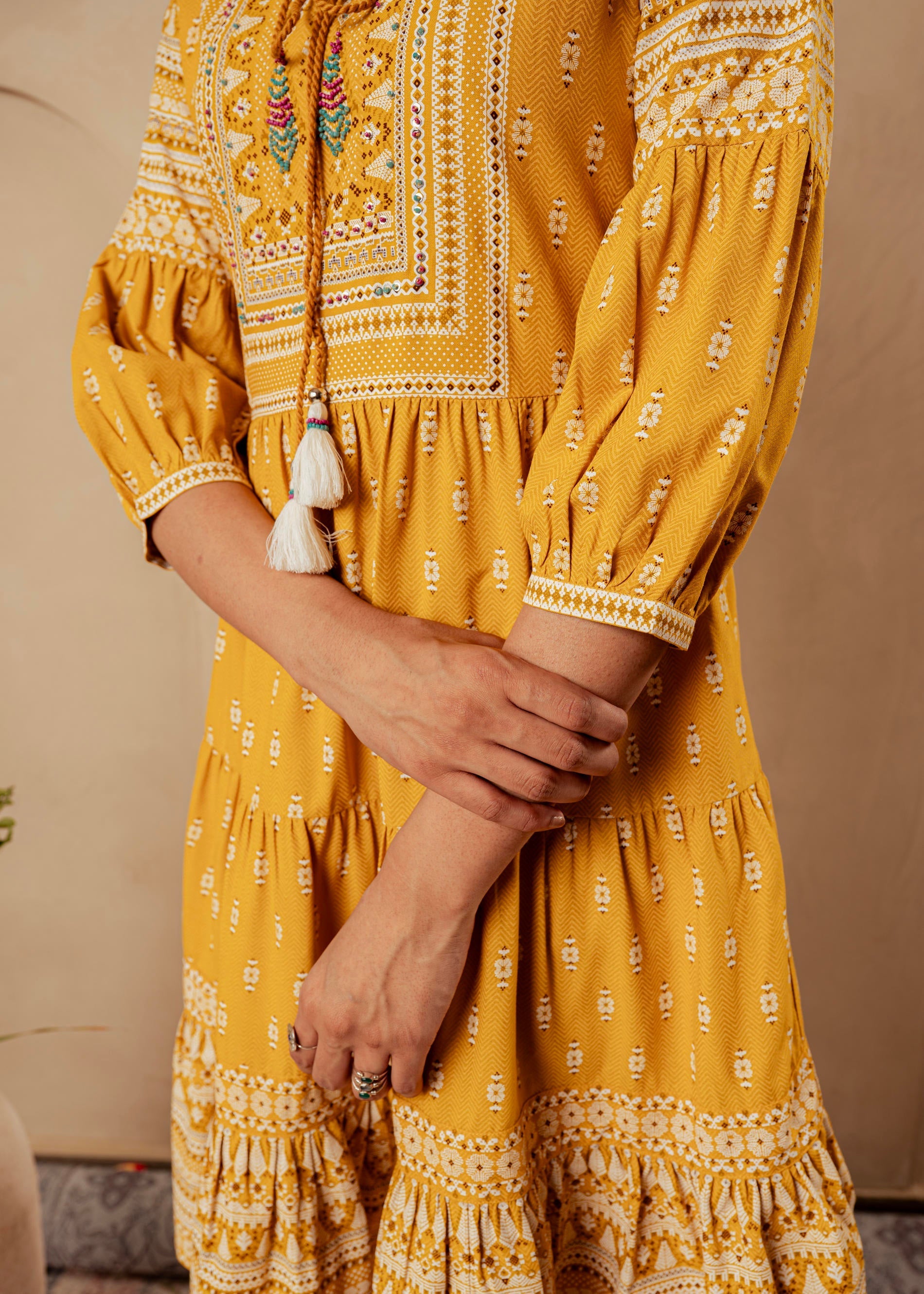 Mustard Ethnic Motifs Viscose Tiered Short Dress with Beads, Sequence,