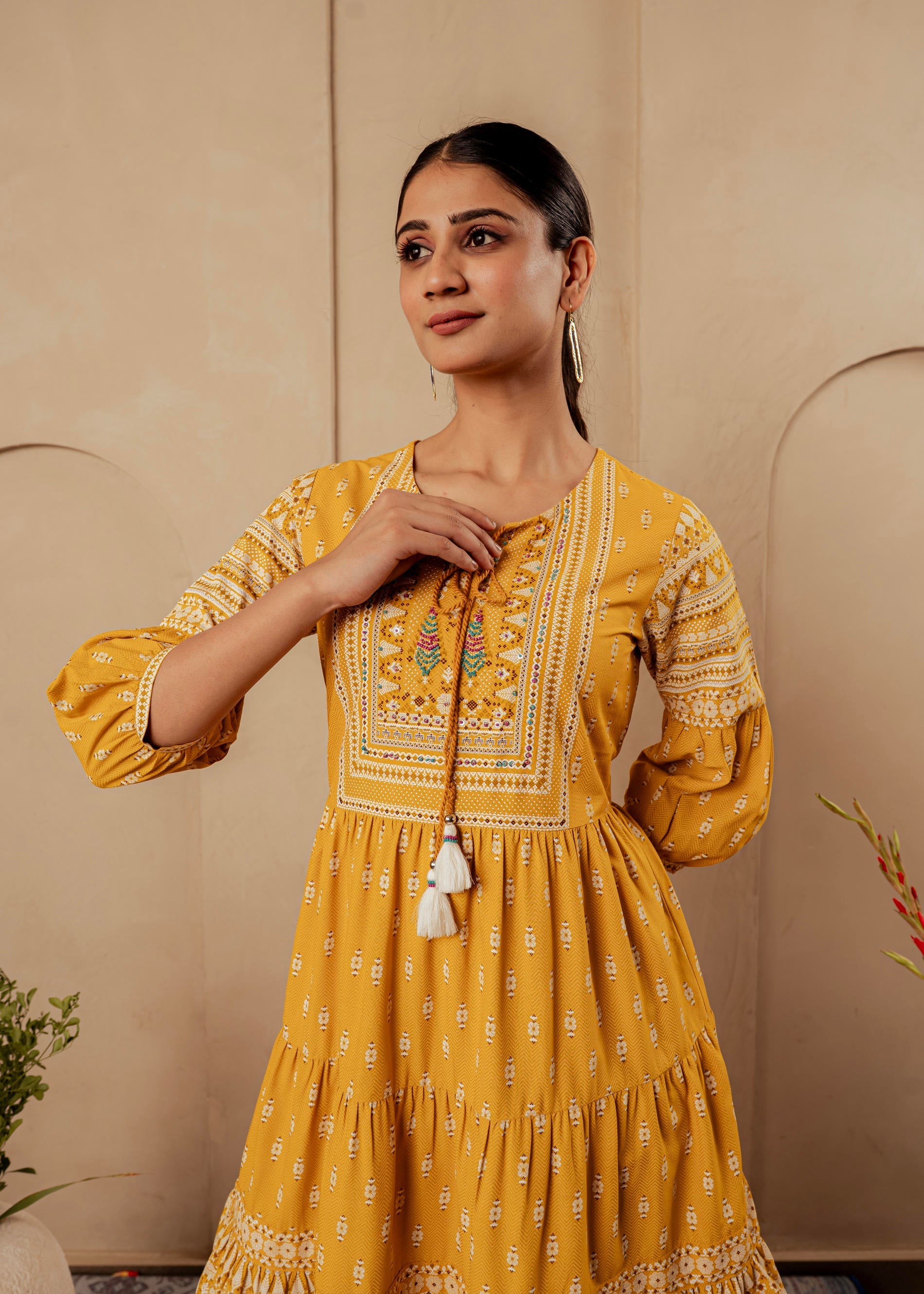Mustard Ethnic Motifs Viscose Tiered Short Dress with Beads, Sequence,