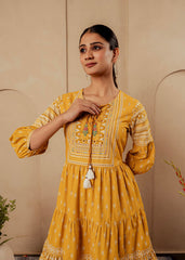Mustard Ethnic Motifs Viscose Tiered Short Dress with Beads, Sequence, Dori