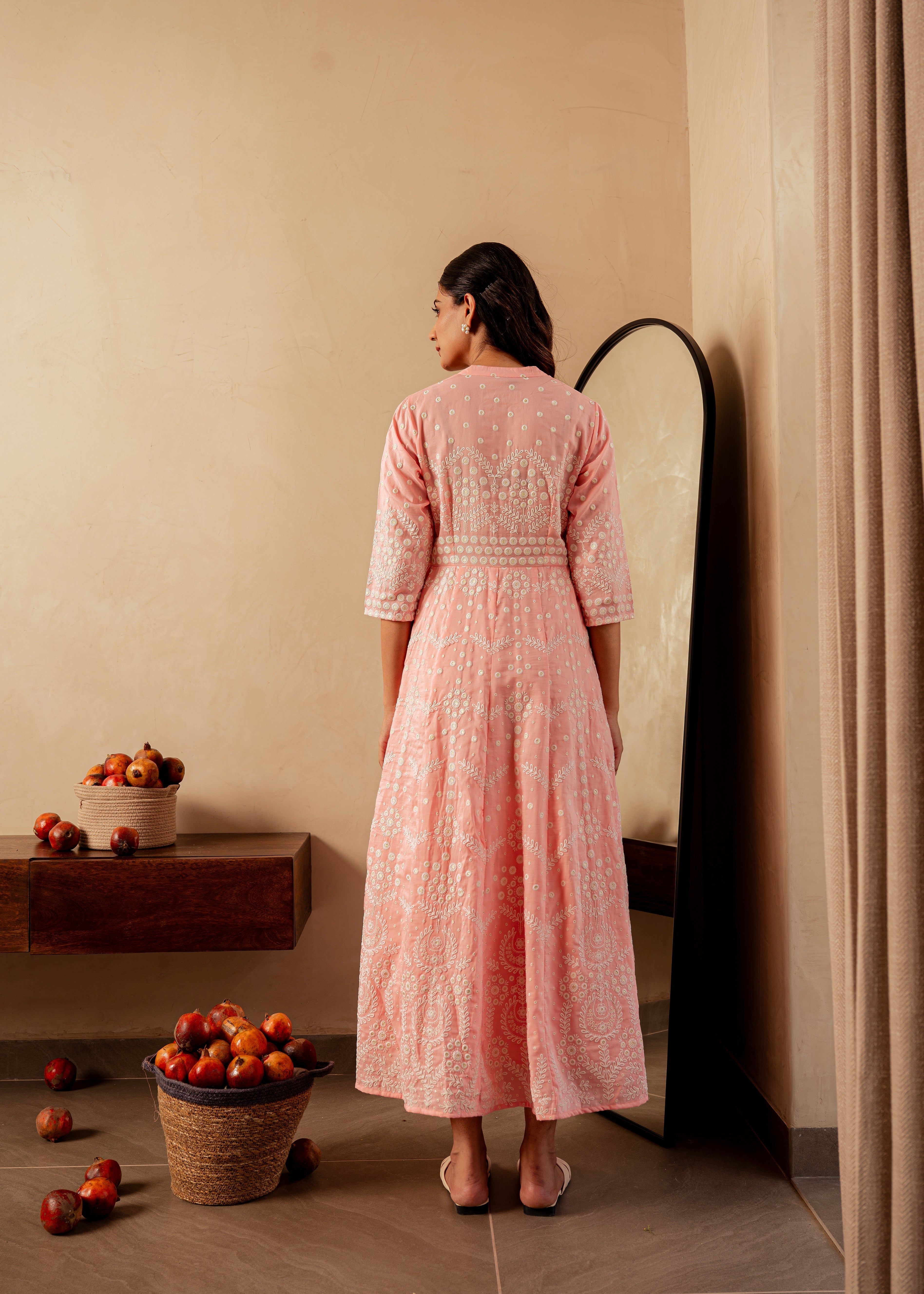 Peach Solid Panelled Long Dress with Thread Work | DesiQlo