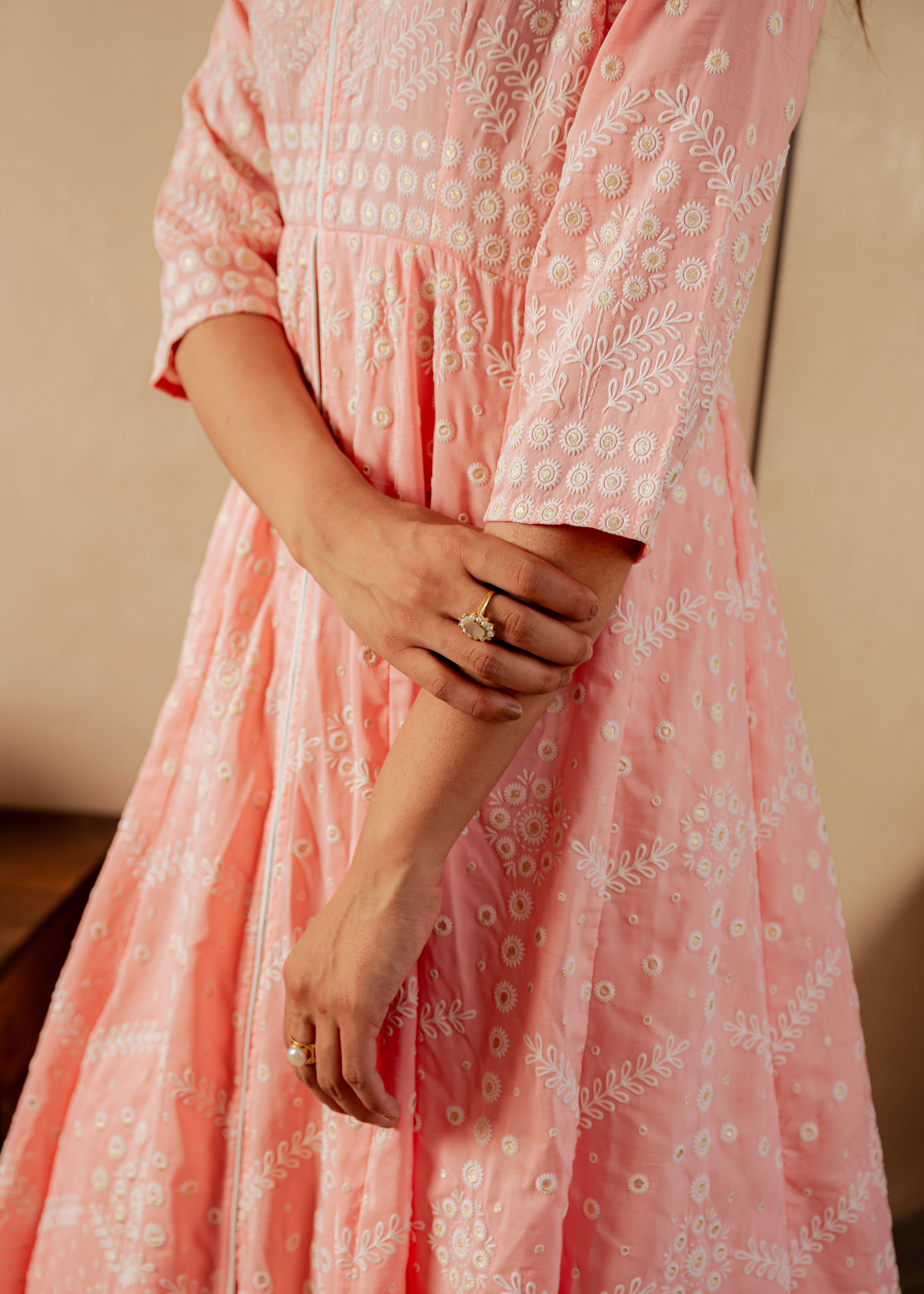 Peach Solid Panelled Long Dress with Thread Work | DesiQlo