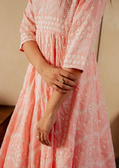 Peach Solid  Panelled Long Dress with Thread Work