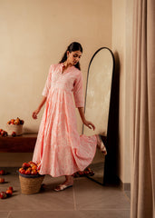 Peach Solid  Panelled Long Dress with Thread Work