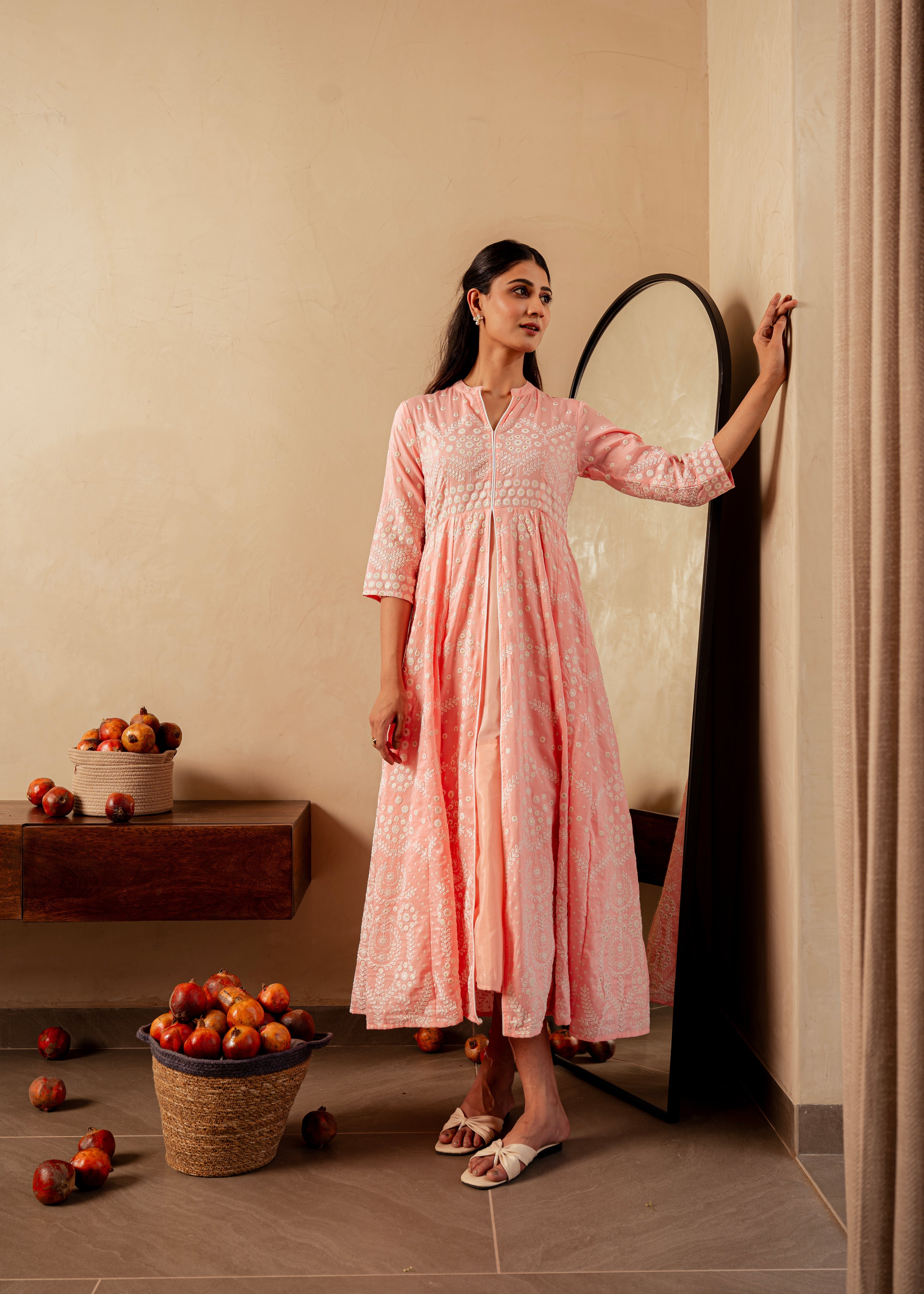 Peach Solid Panelled Long Dress with Thread Work | DesiQlo