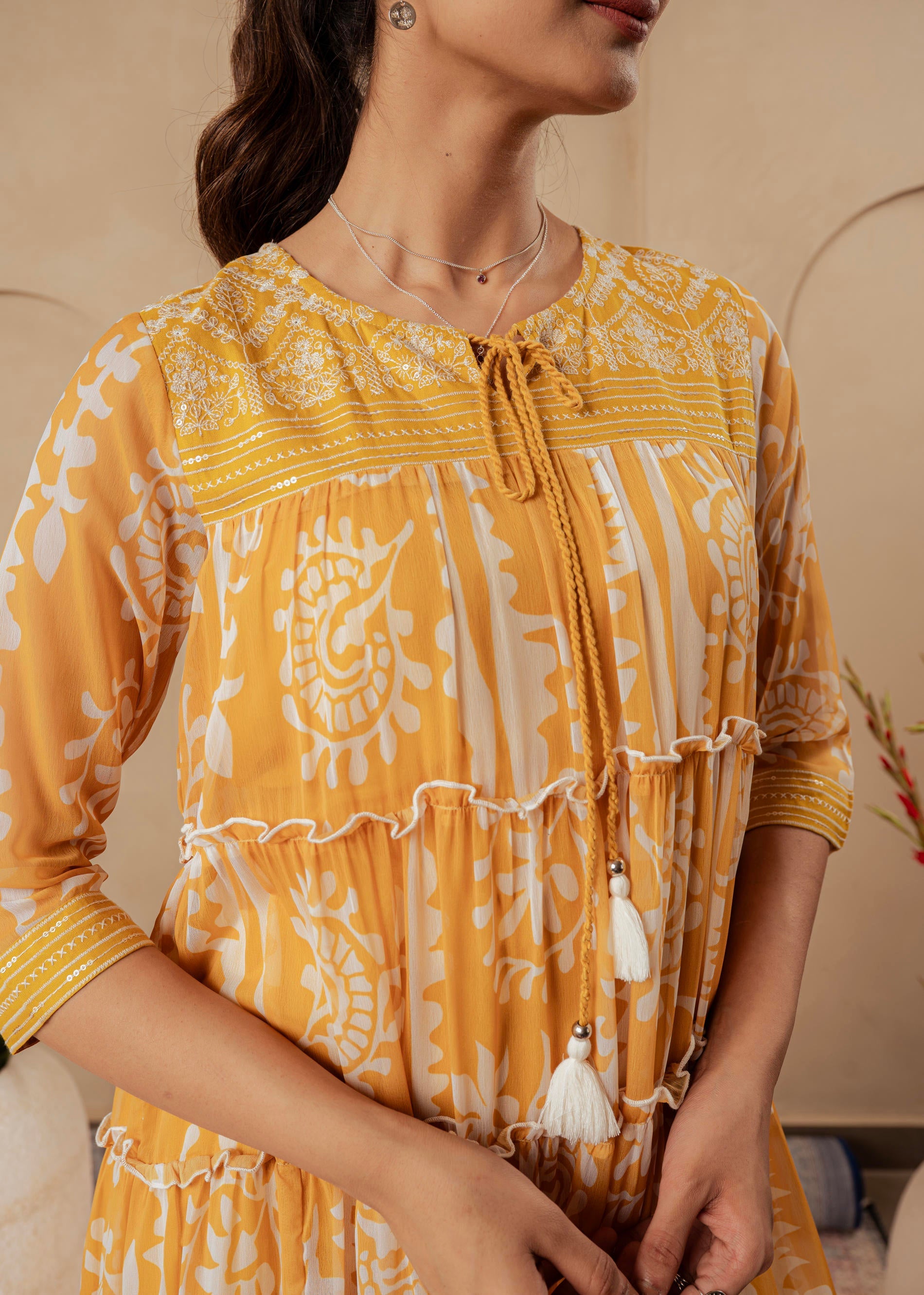 Mustard Ethnic Motifs Printed Man Made Fiber Tiered Long Dress | DesiQ