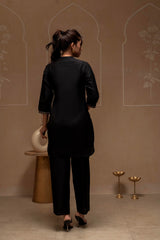 Black Solid Viscose Tunic and Pants Co-ord Set with Thread Work and Button Detailing