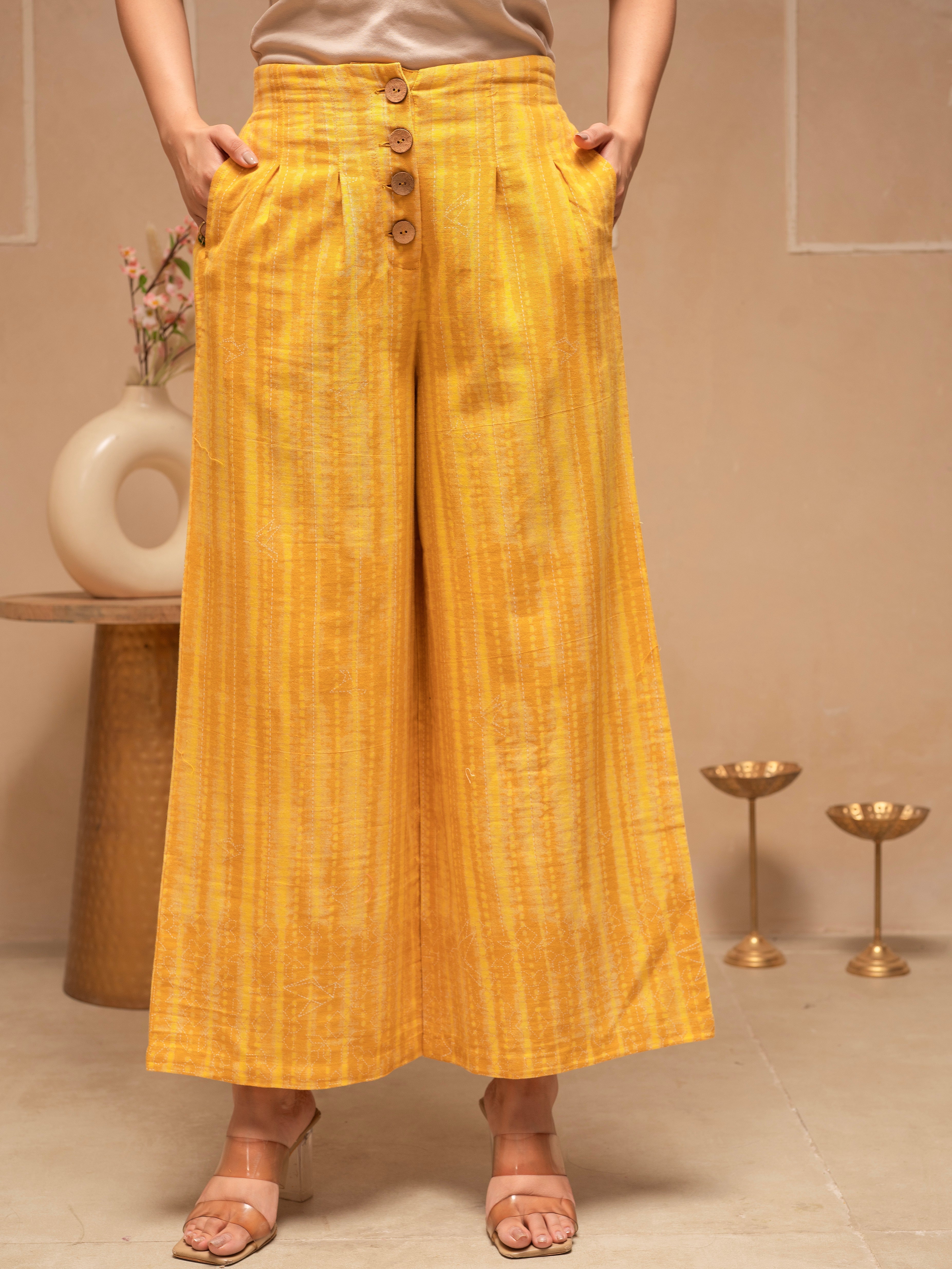 Off White Mustard Solid Viscose Top and Printed Cotton Pants Co-ord Se