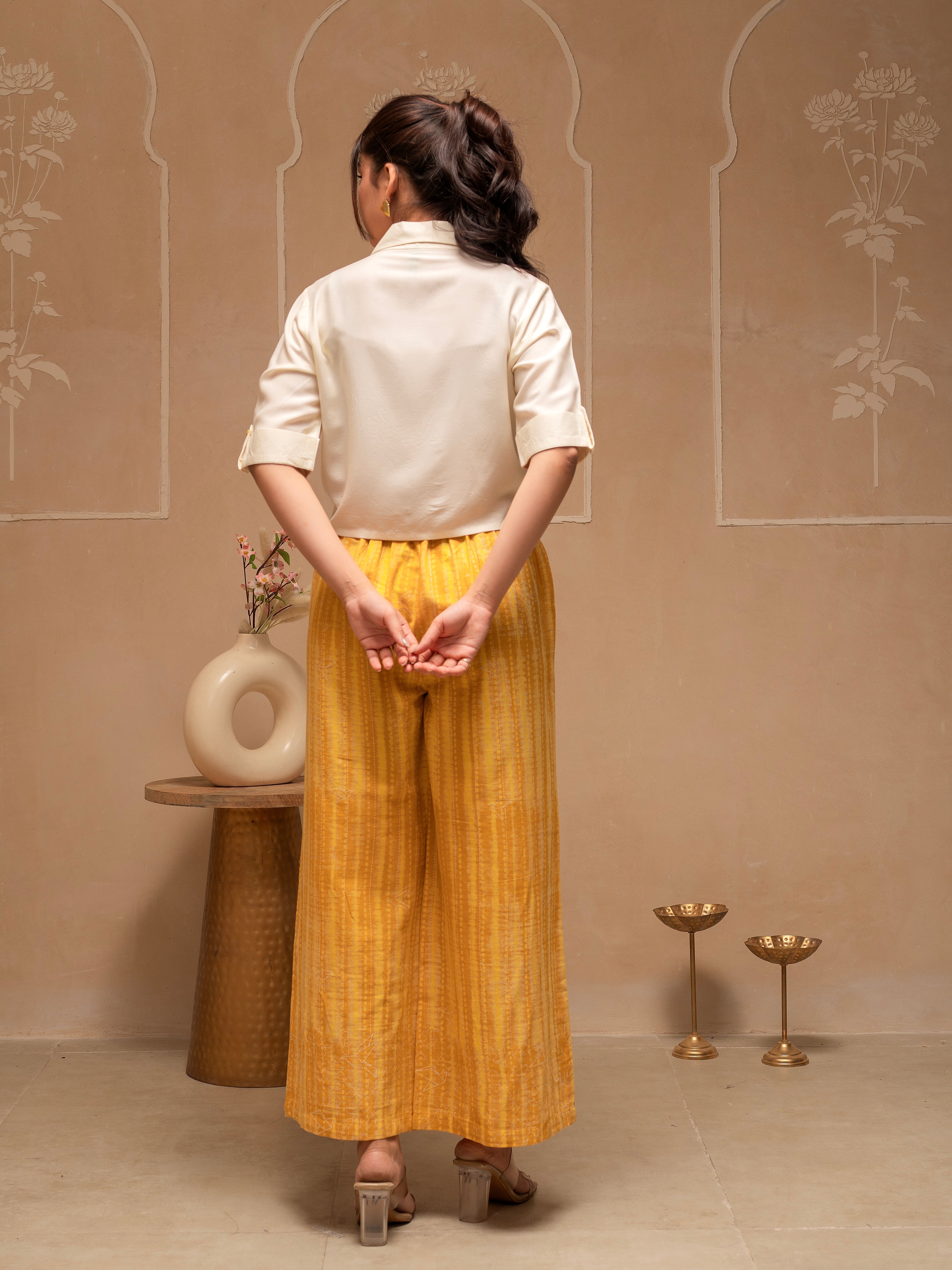 Off White Mustard Solid Viscose Top and Printed Cotton Pants Co-ord Se