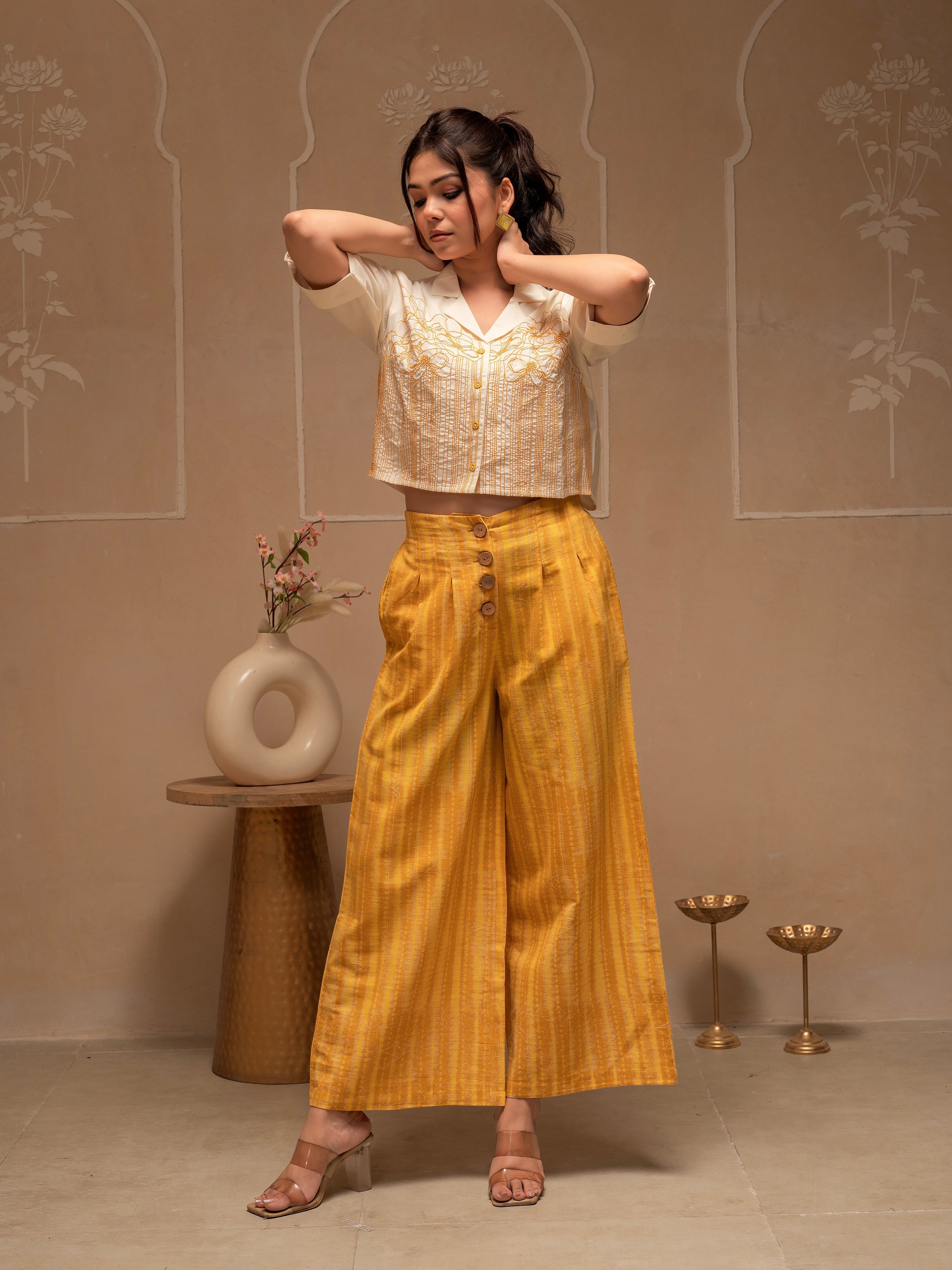 Off White Mustard Solid Viscose Top and Printed Cotton Pants Co-ord Se