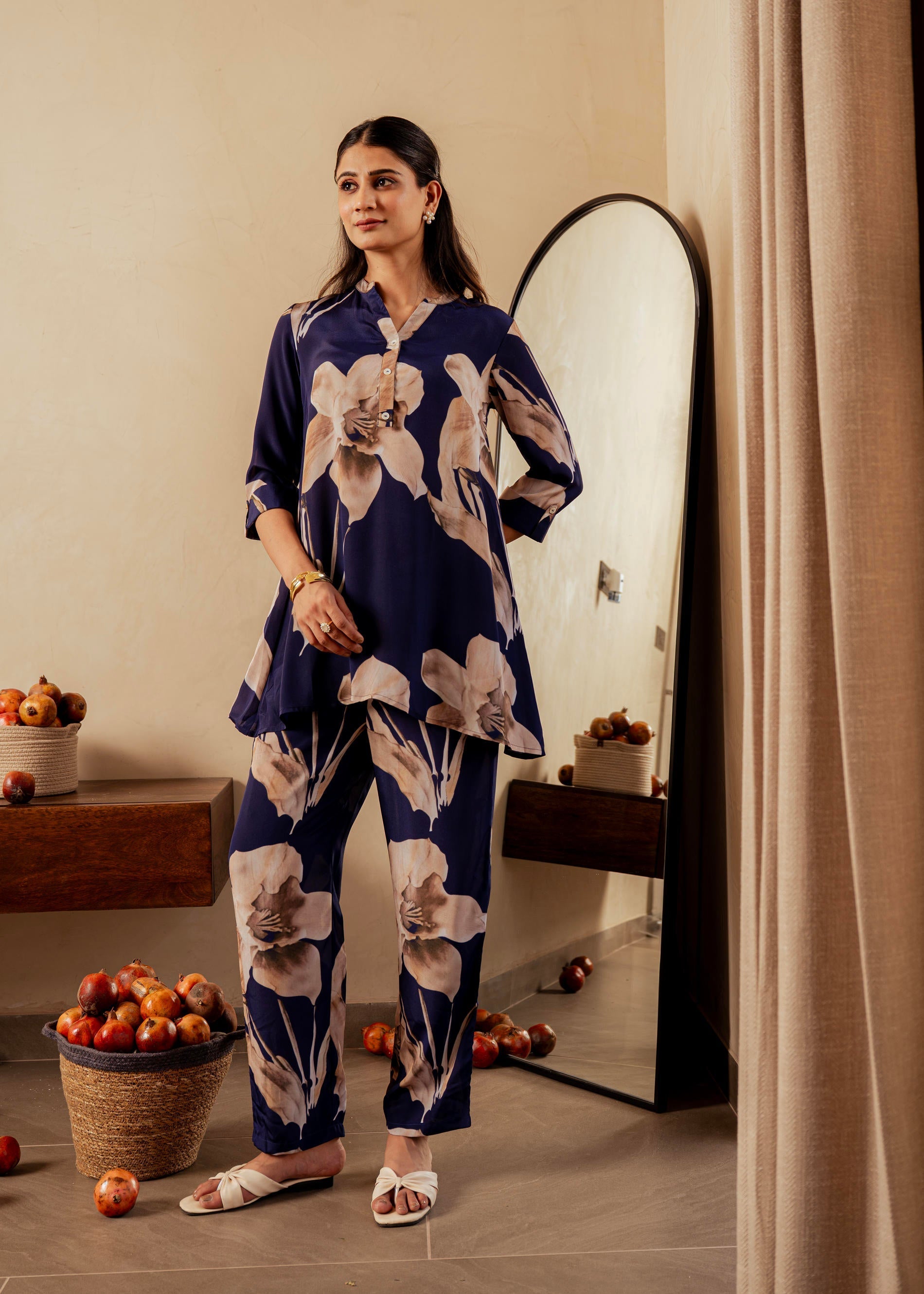 Navy Floral Printed Poly Tunic and Solid Pants Co-ord Set with Button 