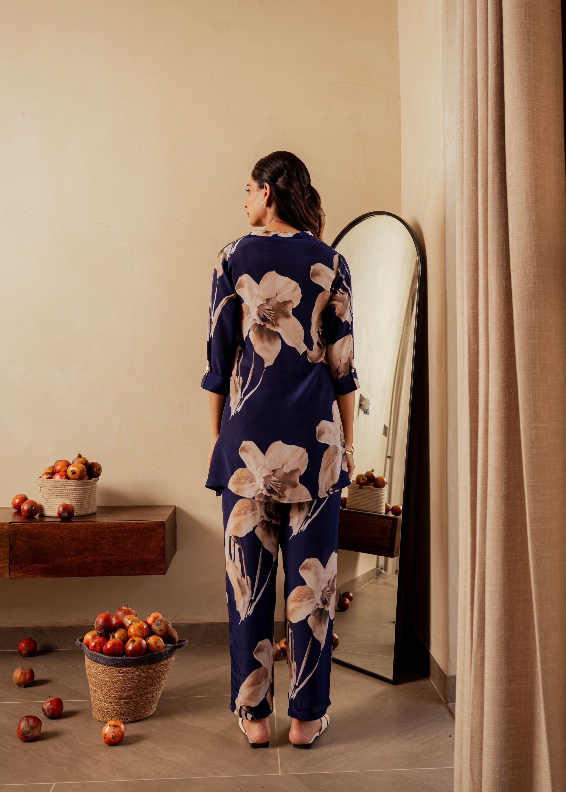 Navy Floral Printed Poly Tunic and Solid Pants Co-ord Set with Button 