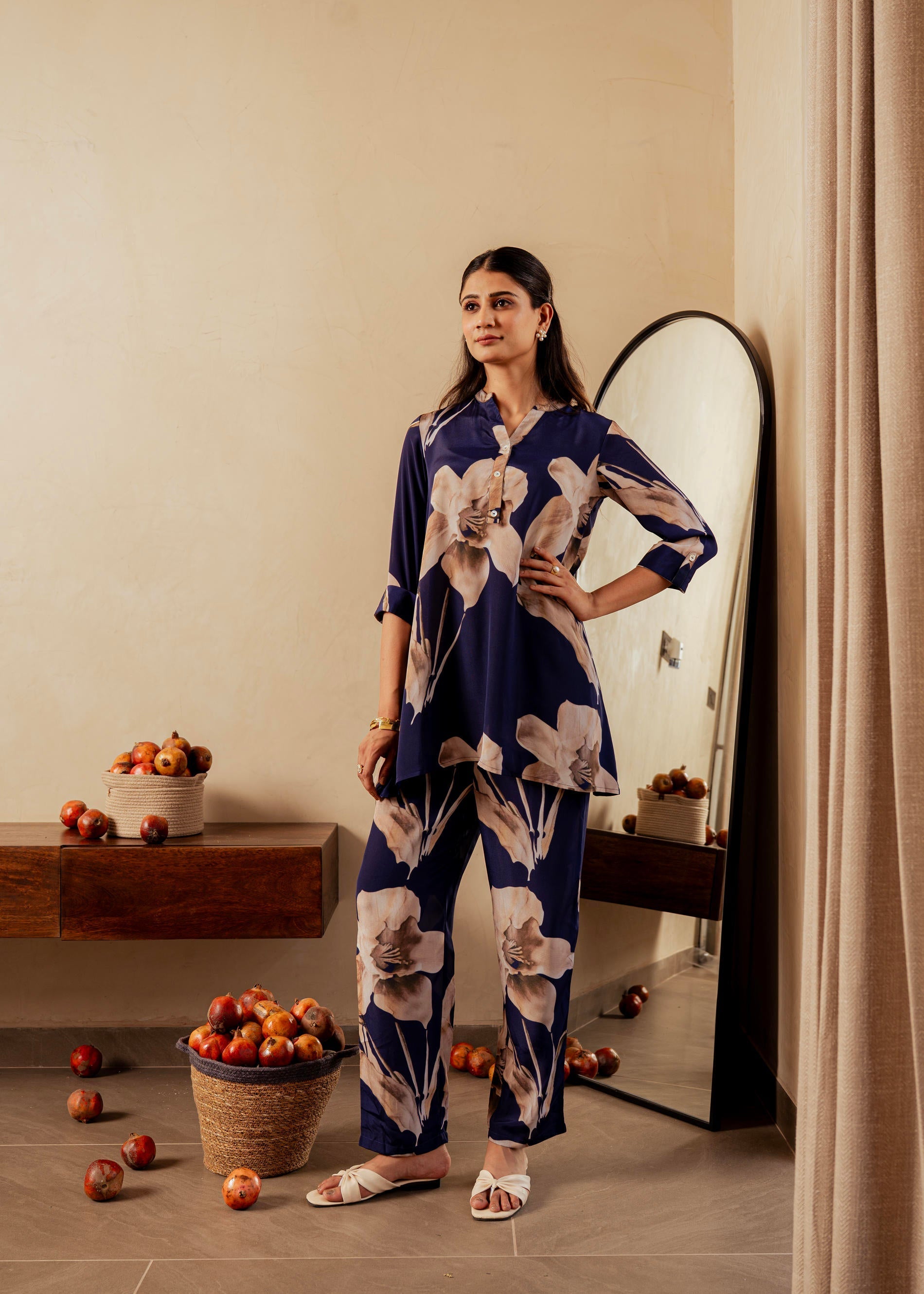 Navy Floral Printed Poly Tunic and Solid Pants Co-ord Set with Button 