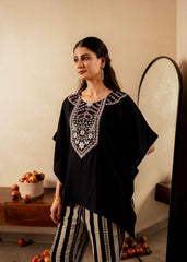 Black Solid Viscose Kaftan and Pants Co-ord Set with Mirror and Thread Work
