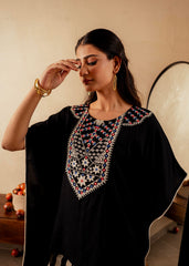 Black Solid Viscose Kaftan and Pants Co-ord Set with Mirror and Thread Work