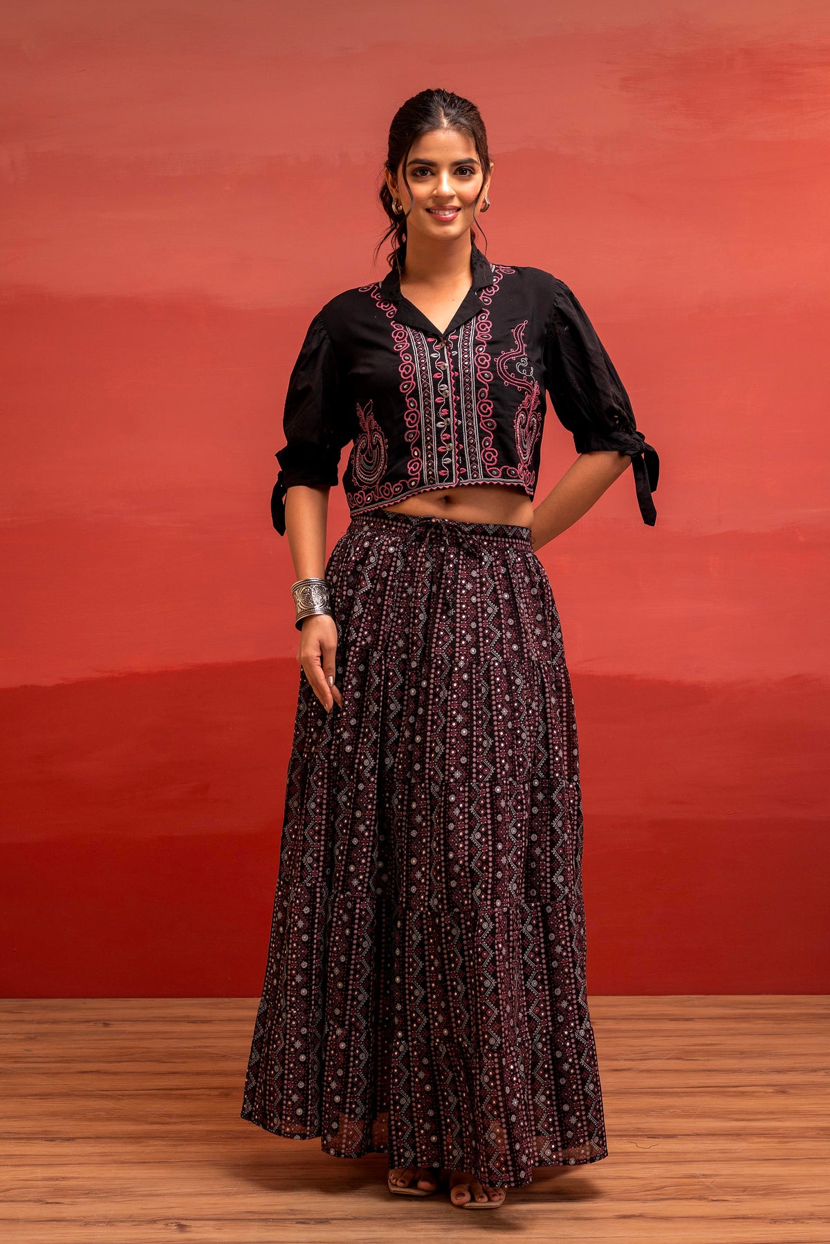 Black Embroidered Crop Top and Flared Skirt Set with Mirror Work Detailing-P1479BLACK_ON