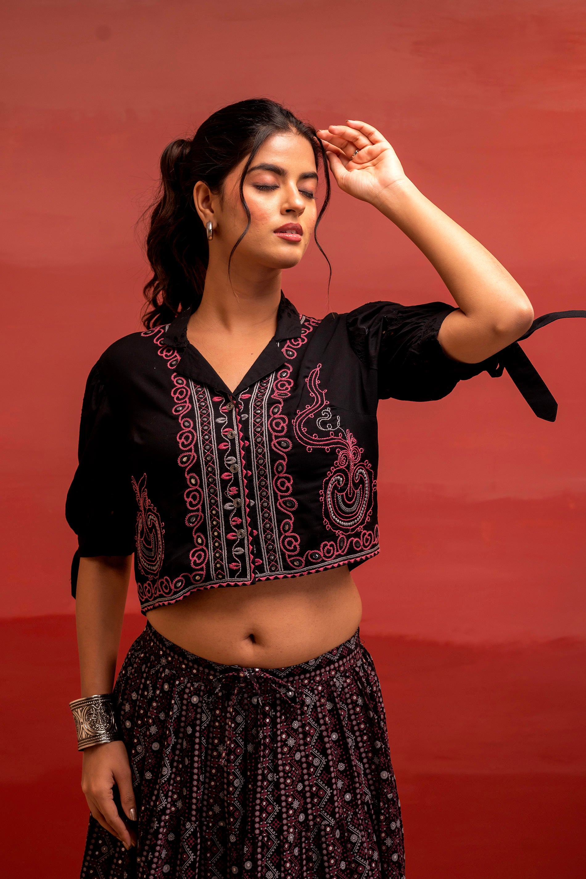Black Embroidered Crop Top and Flared Skirt Set with Mirror Work Detailing-P1479BLACK_ON