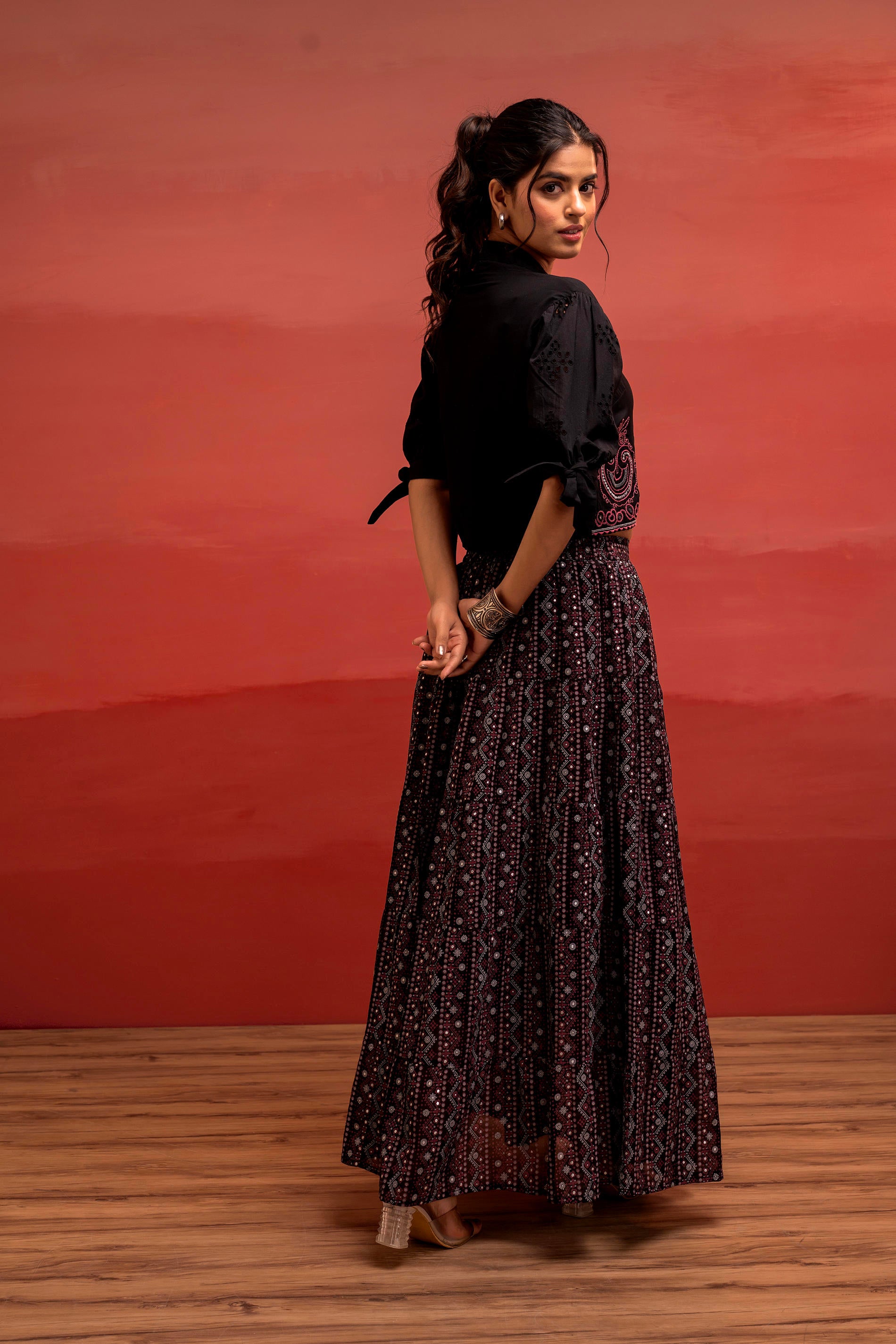 Black Embroidered Crop Top and Flared Skirt Set with Mirror Work Detailing-P1479BLACK_ON