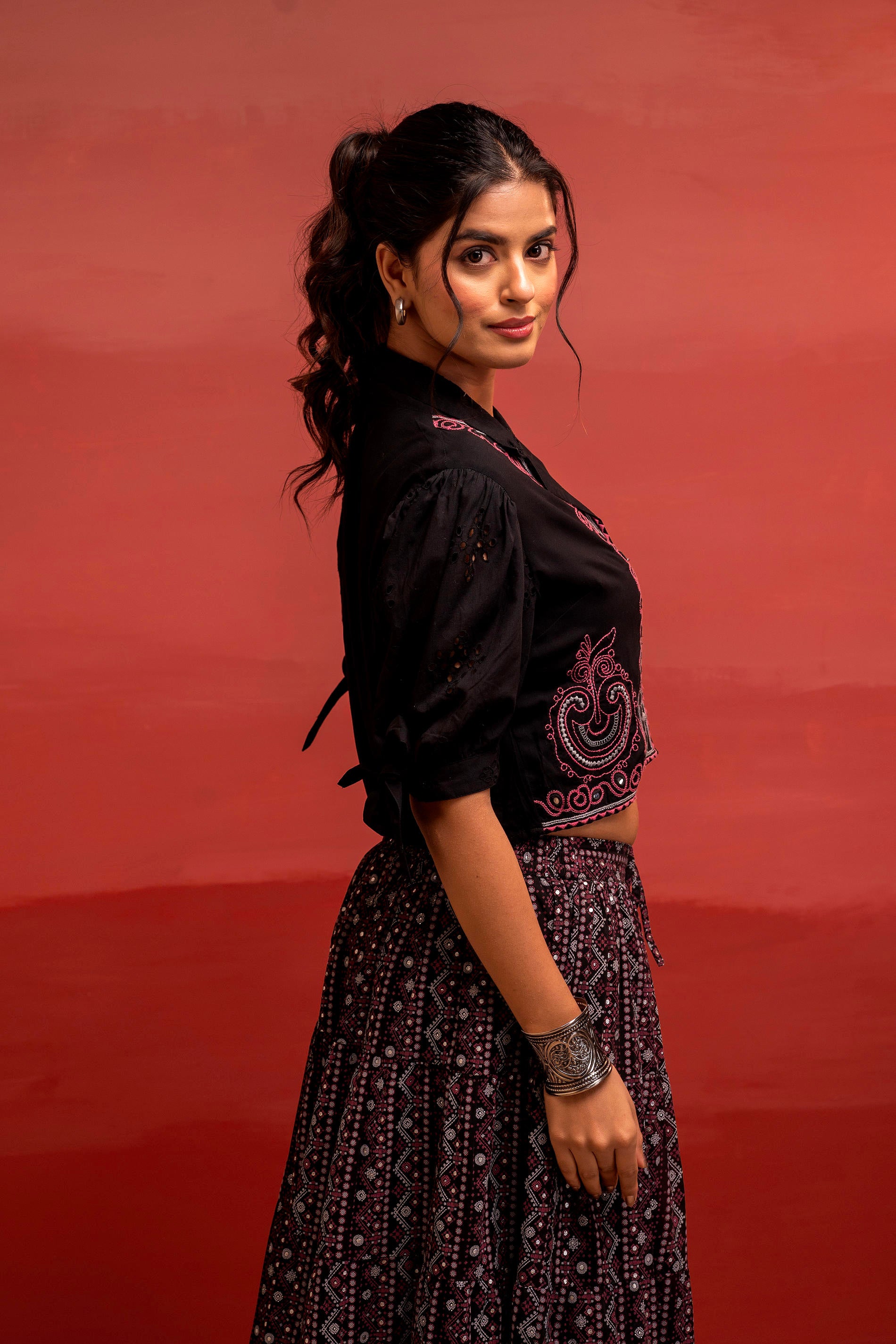 Black Embroidered Crop Top and Flared Skirt Set with Mirror Work Detailing-P1479BLACK_ON