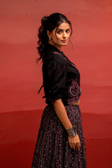 Black Embroidered Crop Top and Flared Skirt Set with Mirror Work Detailing-P1479BLACK_ON