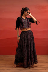 Black Embroidered Crop Top and Flared Skirt Set with Mirror Work Detailing-P1479BLACK_ON