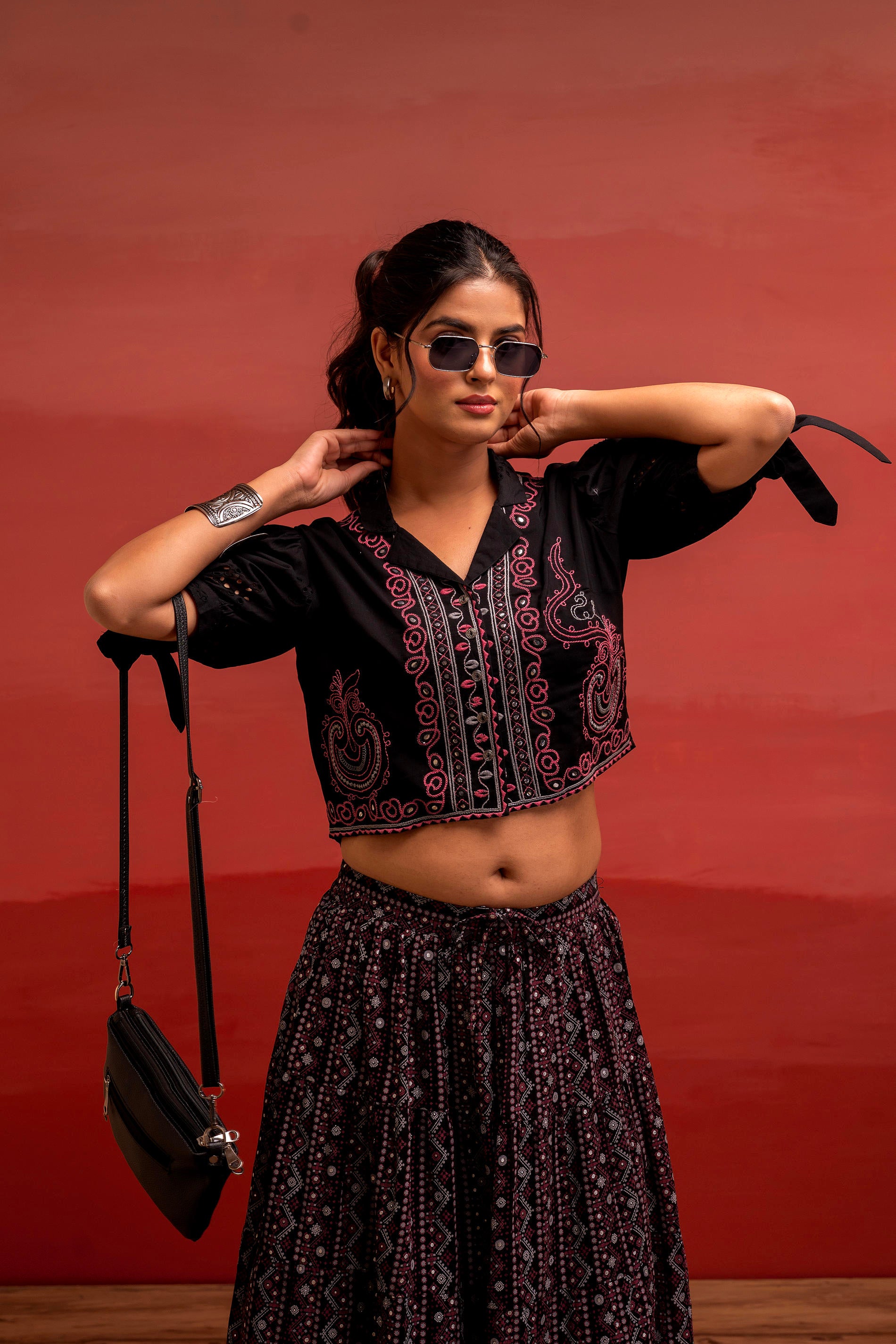 Black Embroidered Crop Top and Flared Skirt Set with Mirror Work Detailing-P1479BLACK_ON