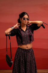 Black Embroidered Crop Top and Flared Skirt Set with Mirror Work Detailing-P1479BLACK_ON