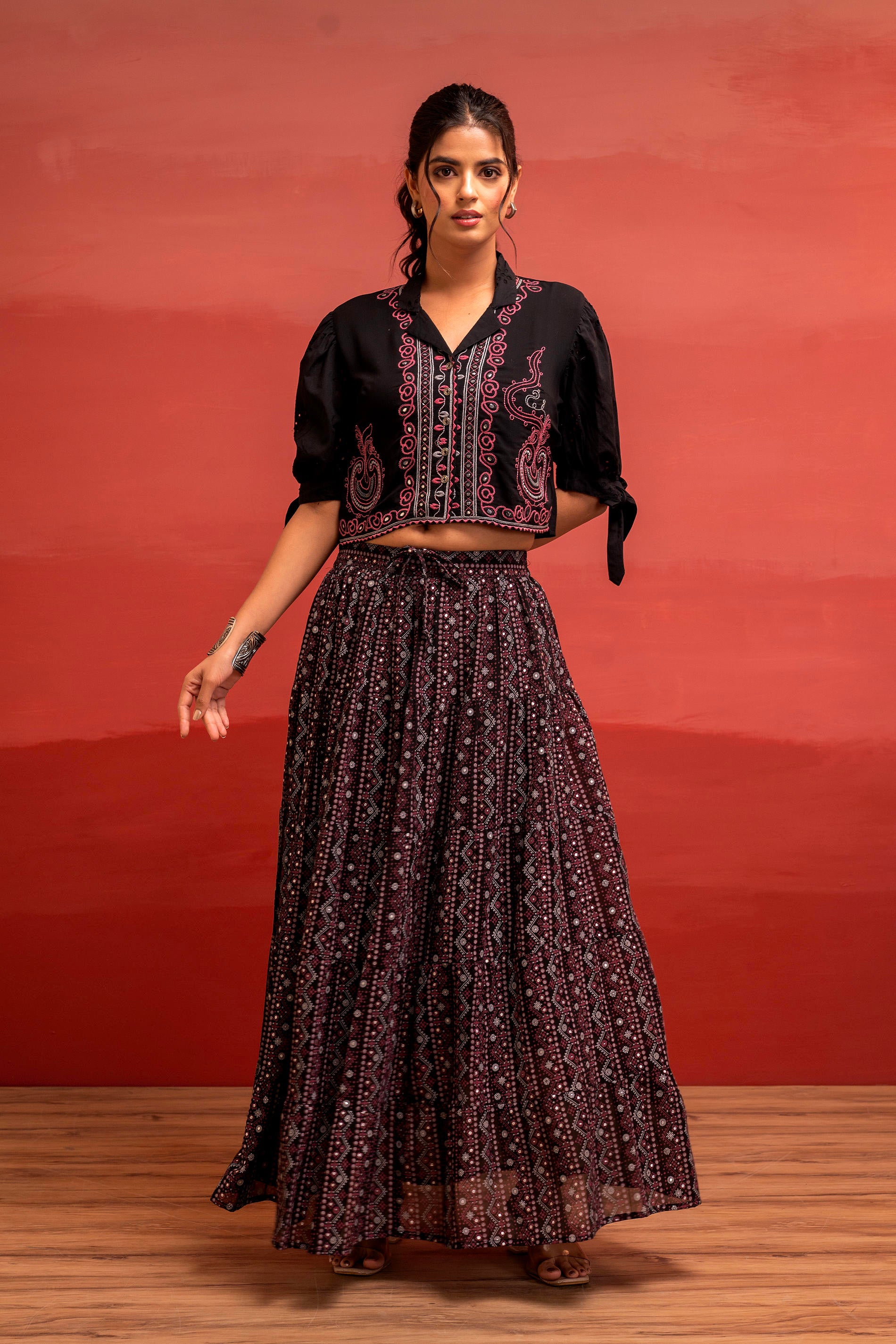 Black Embroidered Crop Top and Flared Skirt Set with Mirror Work Detailing-P1479BLACK_ON