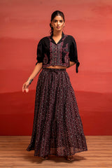 Black Embroidered Crop Top and Flared Skirt Set with Mirror Work Detailing-P1479BLACK_ON