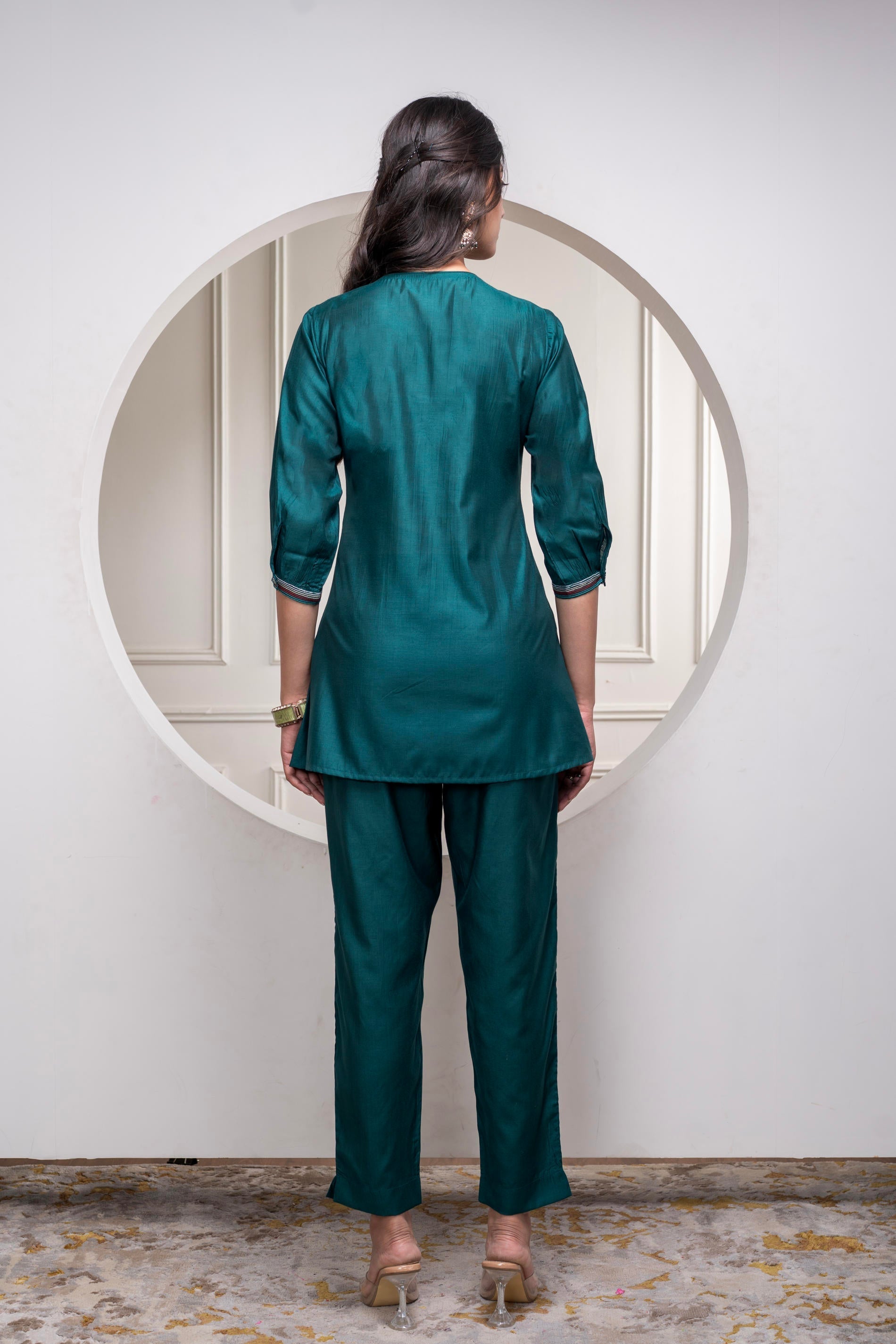 Bottlegreen Solid Viscose Gathered Tunic and Pants Co-ord Set with Thr
