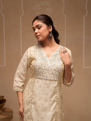 White Floral Viscose Kurta and Pants Set with Mirror and Thread Work