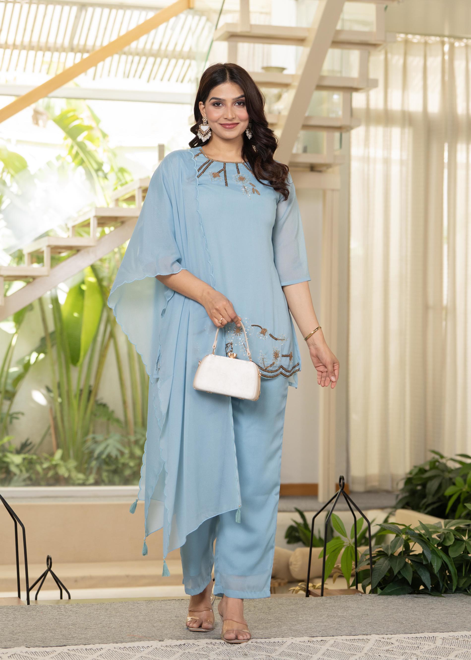 Skyblue Embellished Kurta Pant Dupatta with Beads and Sequence Work | 