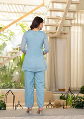 Skyblue Embellished Kurta Pant Dupatta with Beads and Sequence Work